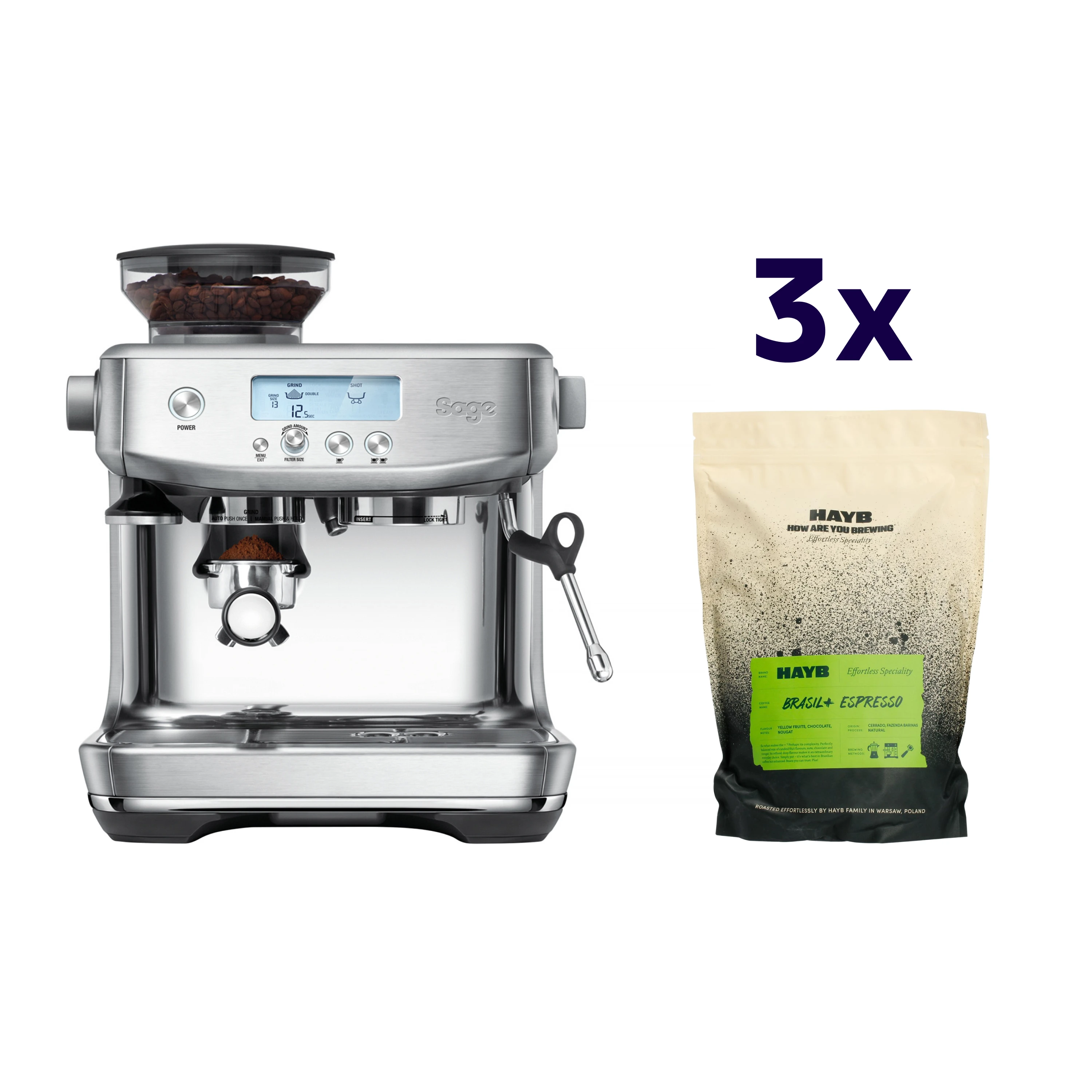 Zestaw ekspres Sage - The Barista Pro Srebrny + 3x kawa HAYB Brasil+ 1kg