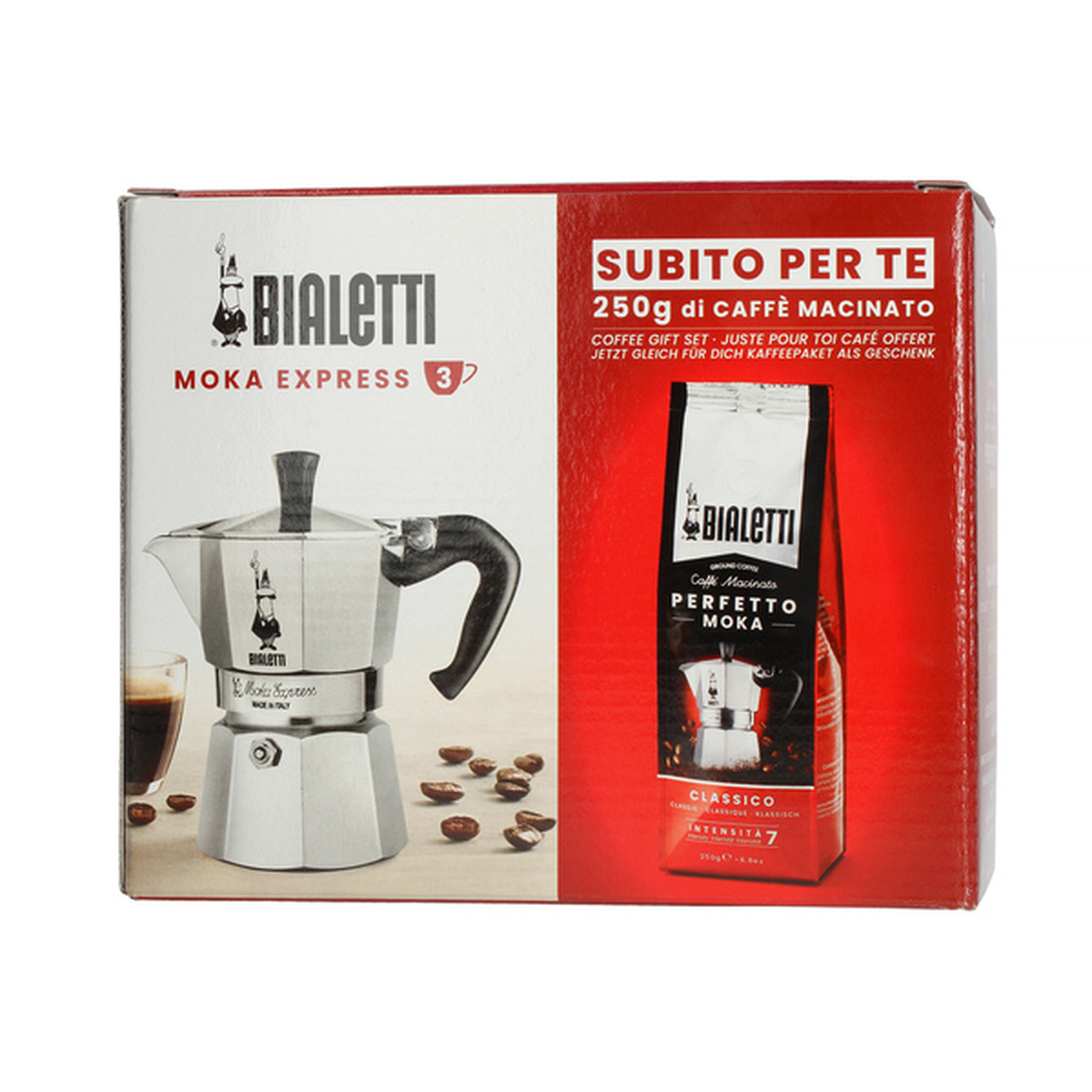 Bialetti Zestaw Moka Express 3tz + kawa Perfetto Moka Classico 250g