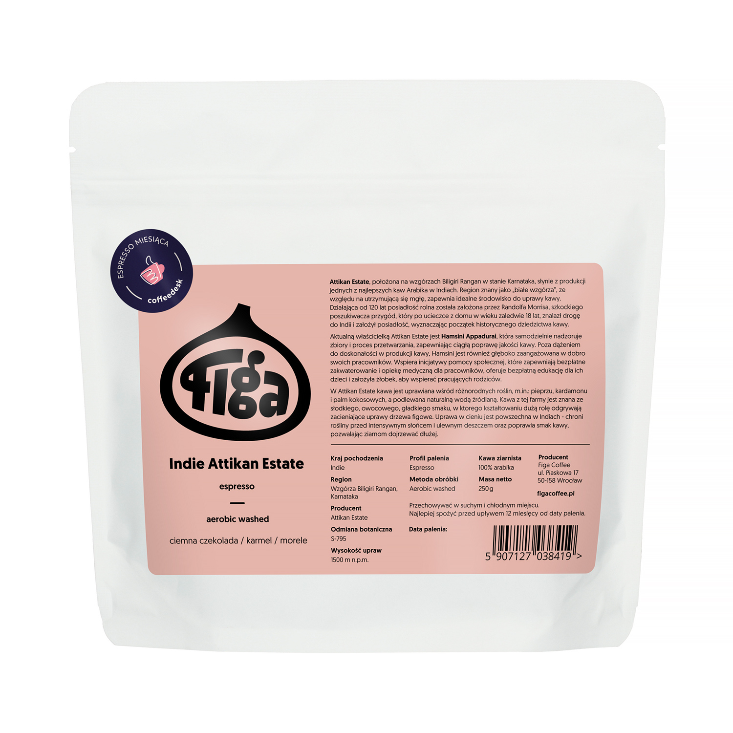 ESPRESSO MIESIĄCA: Figa Coffee - kawa ziarnista Indie Attikan Estate Aerobic Washed 250 g