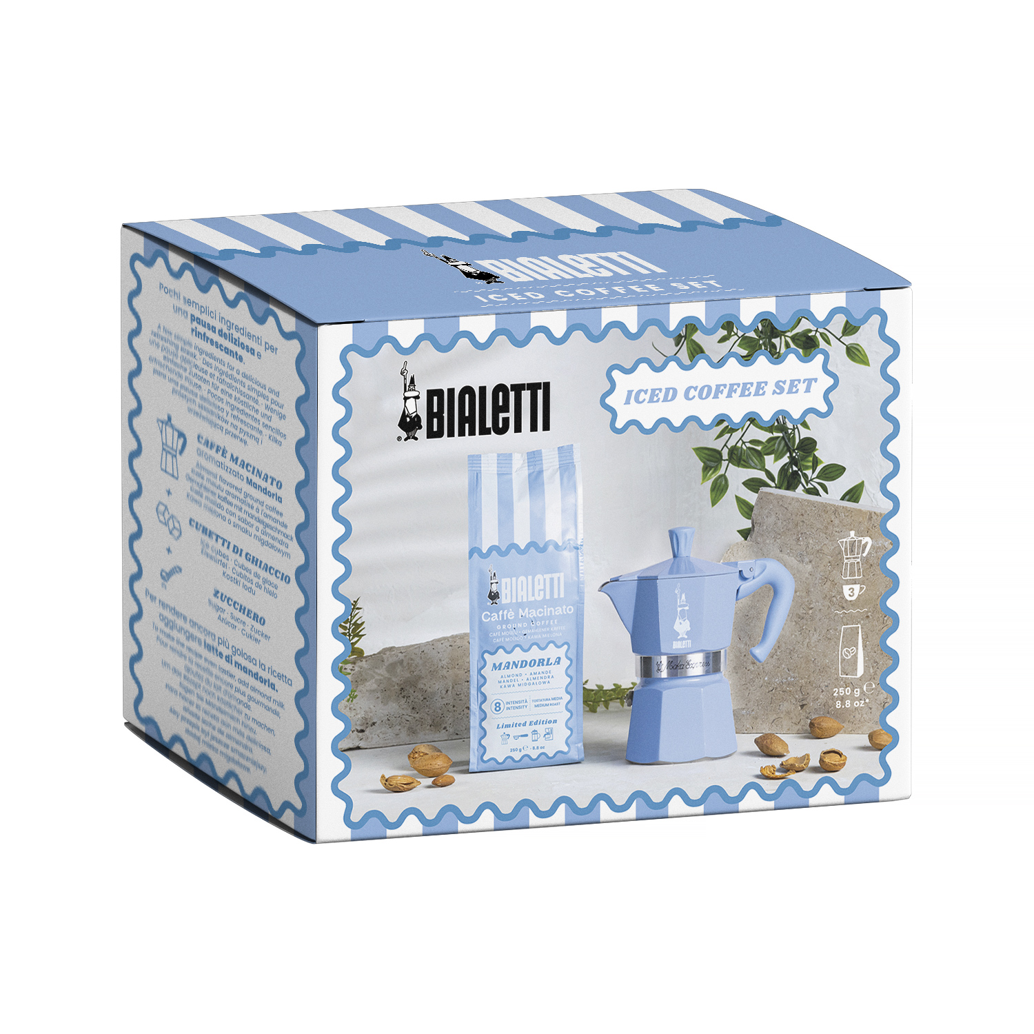 Bialetti - Zestaw Moka Express 3tz Błękitna + kawa Perfetto Moka Mandorla 250g