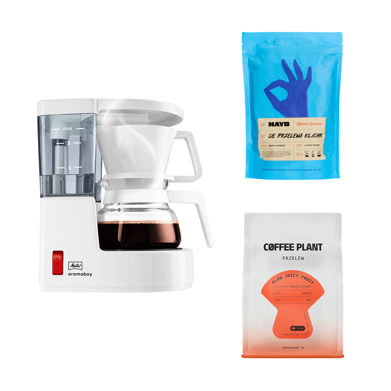 Zestaw Aromaboy Biały + kawa COFFEE PLANT Juicy Fruit 250 g + kawa HAYB Klasyk 250 g