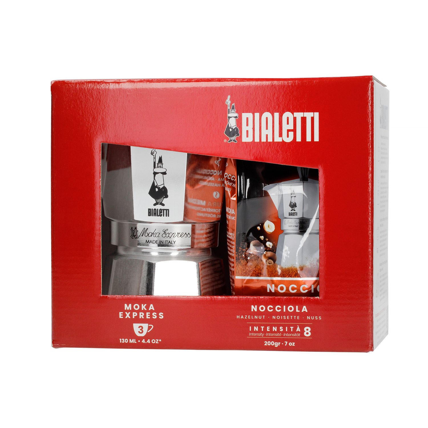 Bialetti Set: Moka Express 3tz + Perfetto Moka Nocciola Coffee 200g