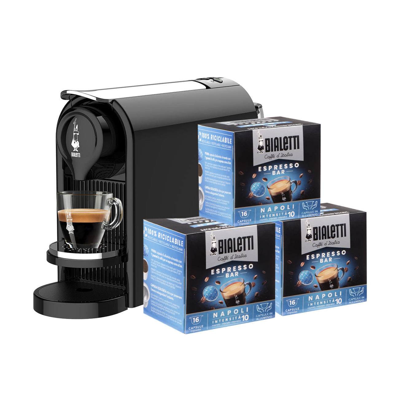 Bialetti - Capsule Coffee Maker Gioia Plus - Black + 48 capsule NAPOLI