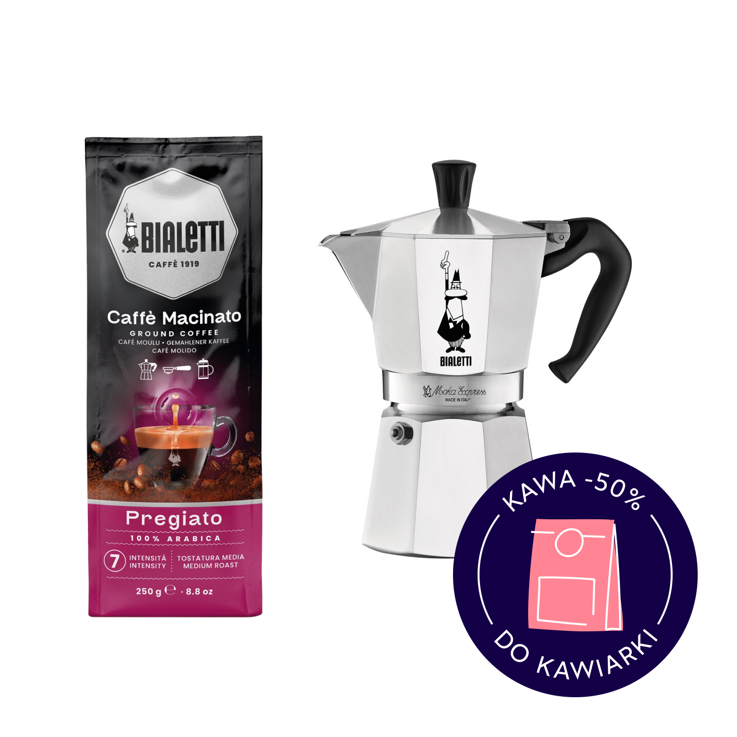Zestaw Moka Express 4tz + kawa Caffe Macinato Pregiato Espresso