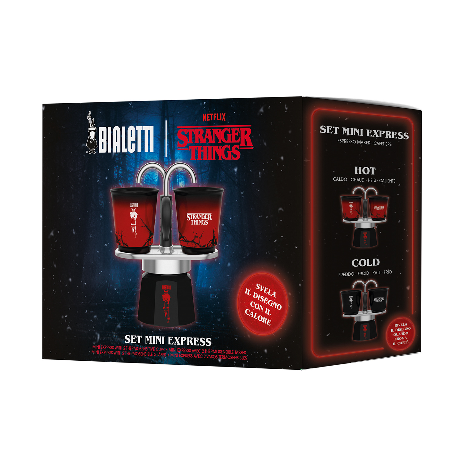 Bialetti - Mini Express Stranger Things 2tz + 2 Filiżanki 90ml -  nadruk termochromowy