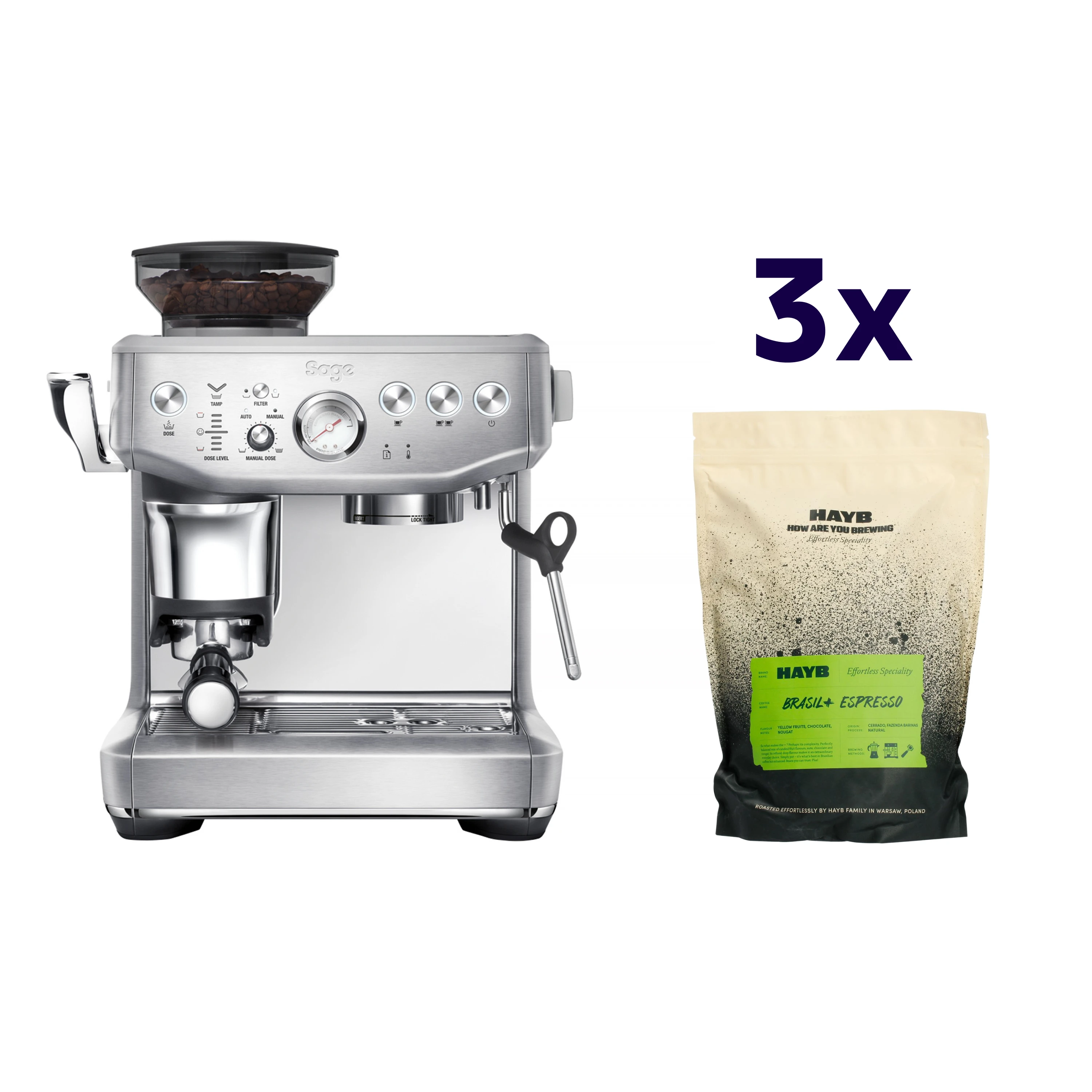 Zestaw ekspres Sage - The Barista Express Impress Srebrny + 3x kawa HAYB Brasil+ 1kg