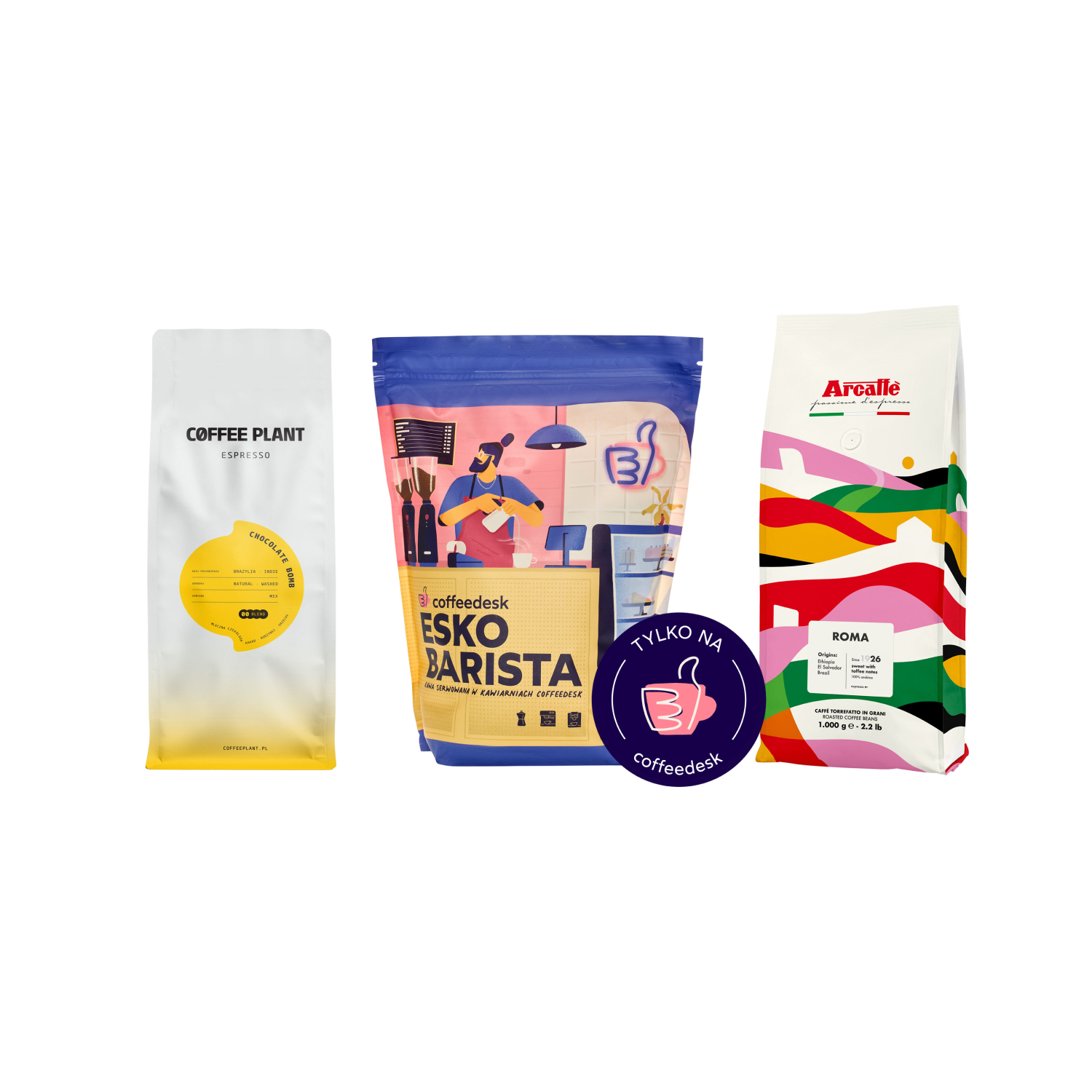 Set COFFEE PLANT Chocolate Bomb 1 kg + Coffeedesk Esko Barista 1 kg + Arcaffe Roma 1 kg