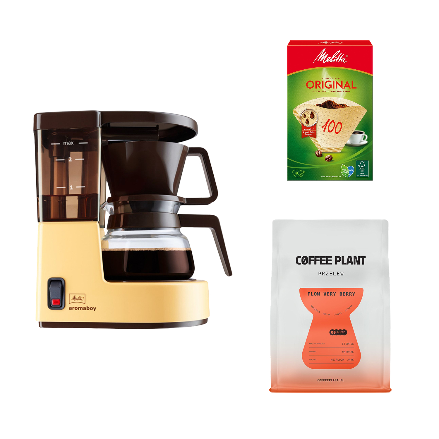 Set Melitta - Aromaboy Retro - Filter Coffee Machine + Melitta Filters 40 pieces + COFFEE PLANT FLOW Very Berry 250g
