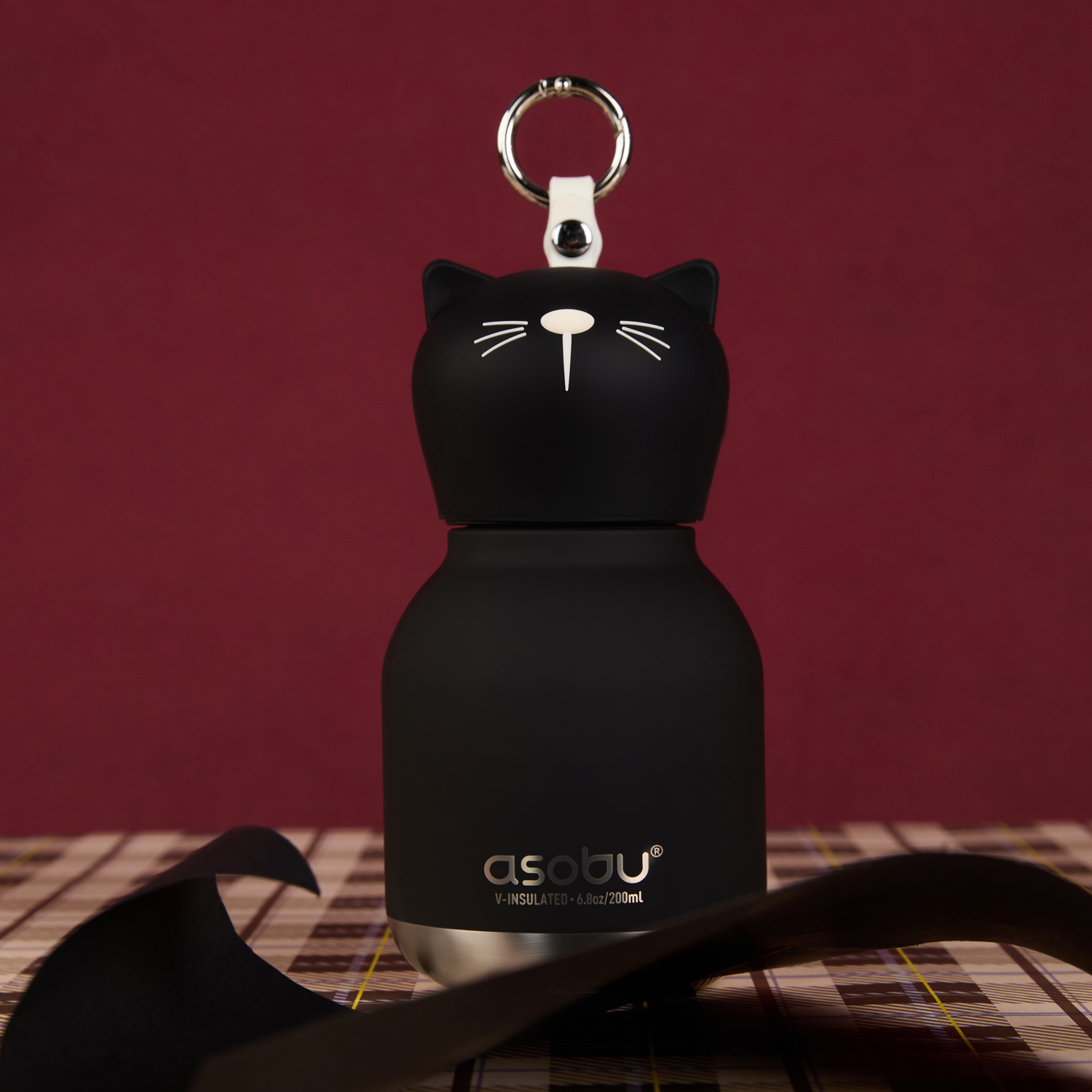 Asobu - Mini Bestie Czarny Kot - Butelka termiczna ze słomką 200ml