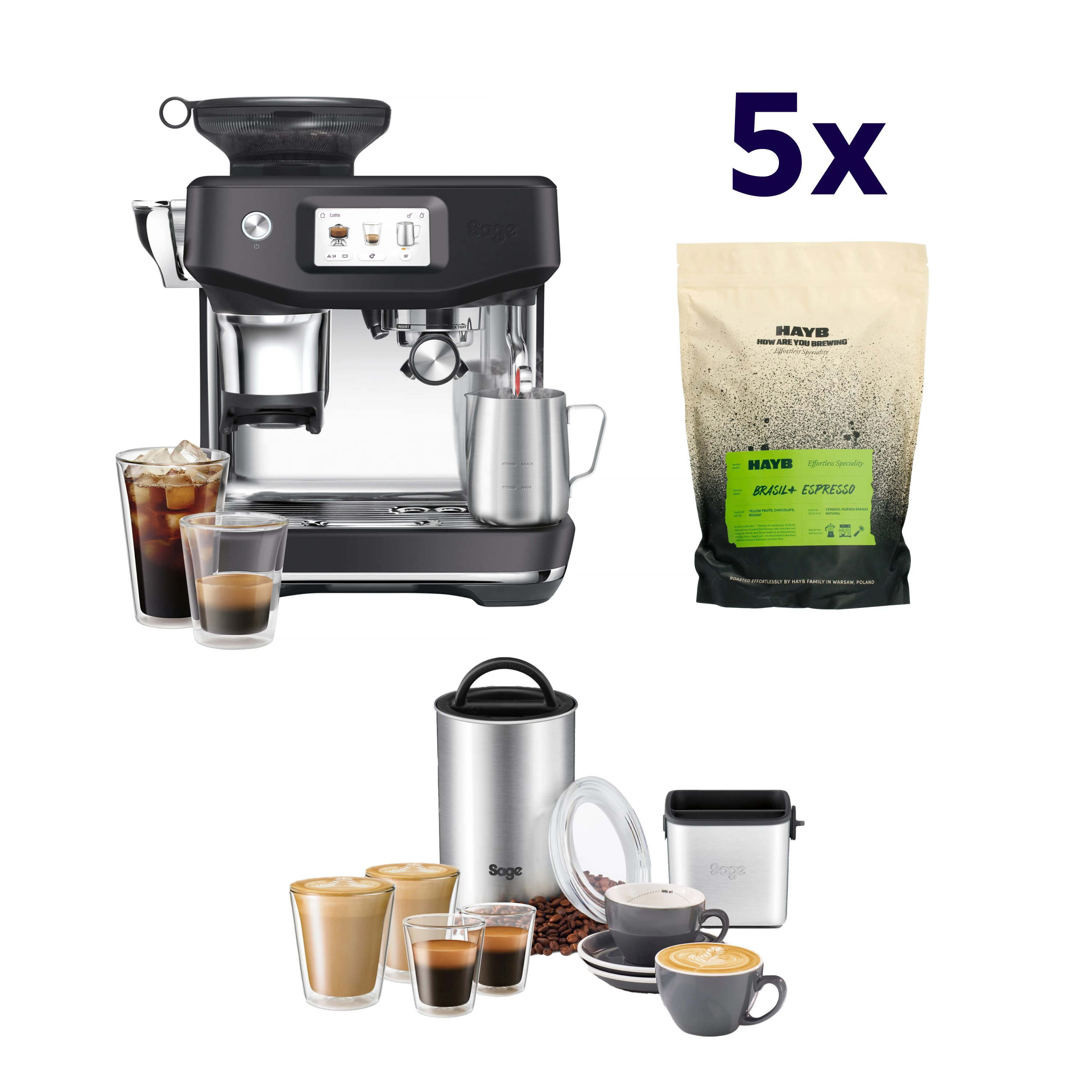 Zestaw ekspres Sage The Barista Touch Impress + Cold Extraction Czarny + Zestaw baristy + 5x kawa HAYB Brasil+ 1kg