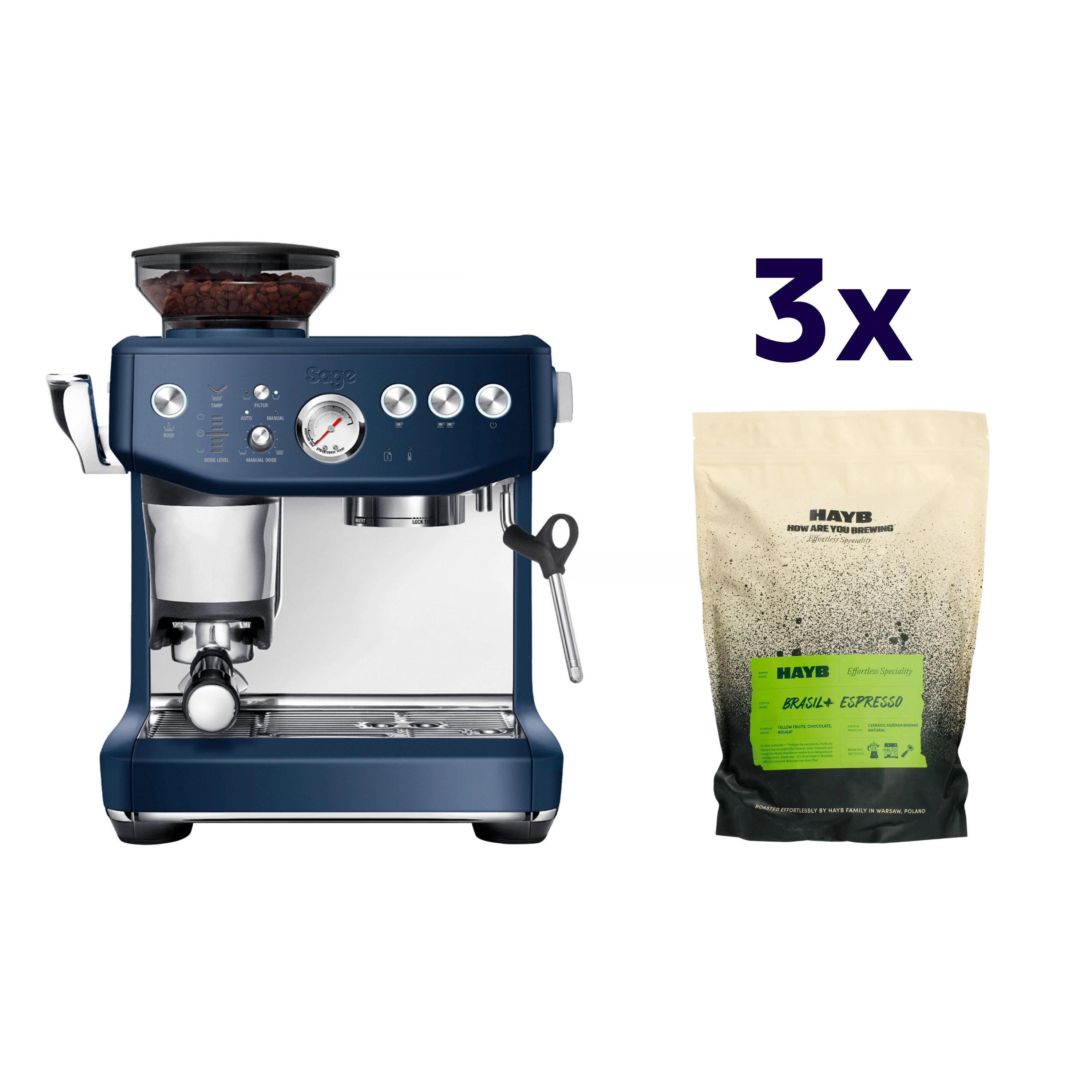 Zestaw ekspres Sage - The Barista Express Impress Granatowy + 3x kawa HAYB Brasil+ 1kg