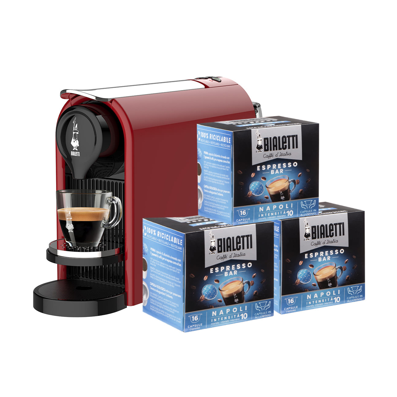 Bialetti - Capsule Coffee Maker Gioia Plus - Red + 48 capsule NAPOLI