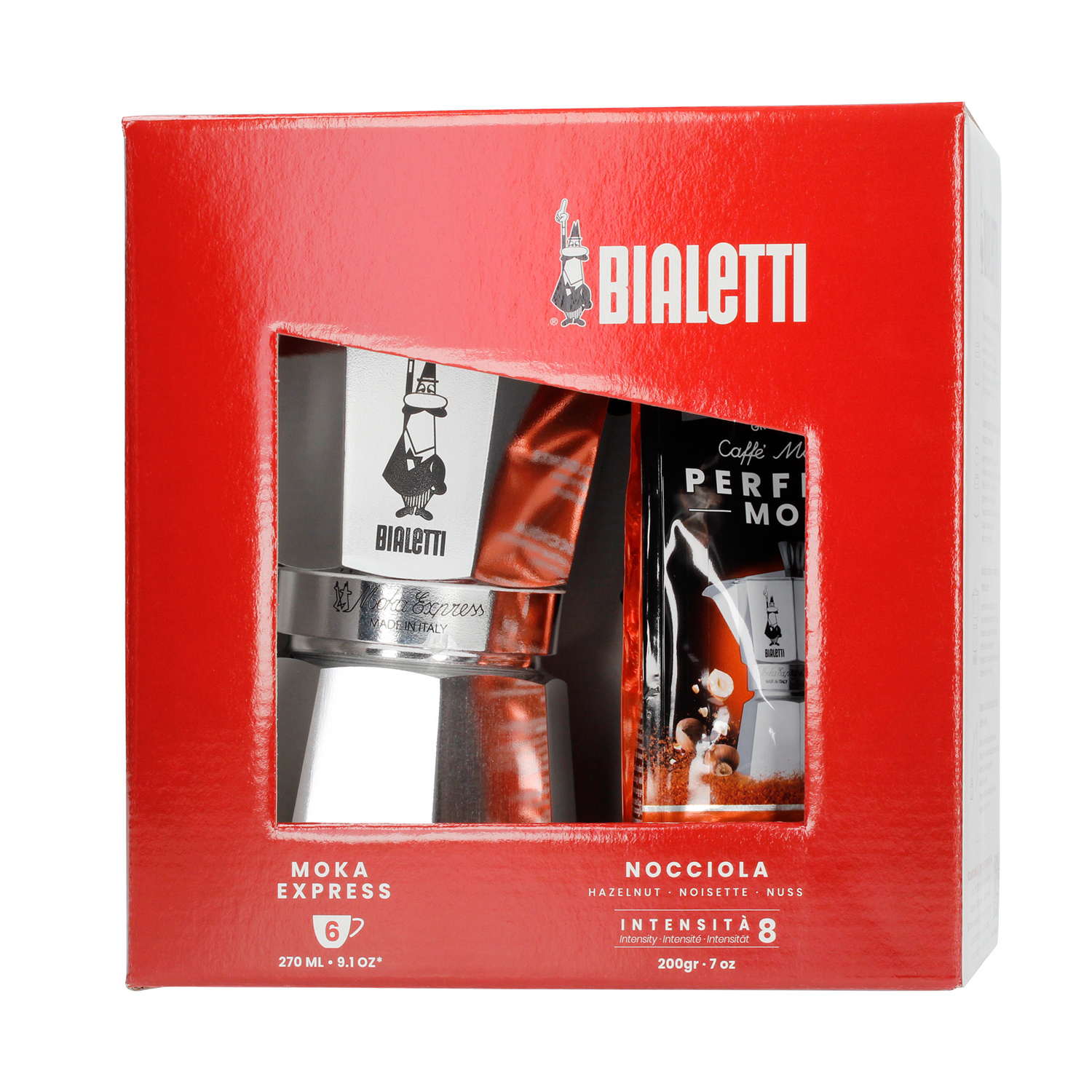 Bialetti Set: Moka Express 6tz + Perfetto Moka Nocciola Coffee 200g