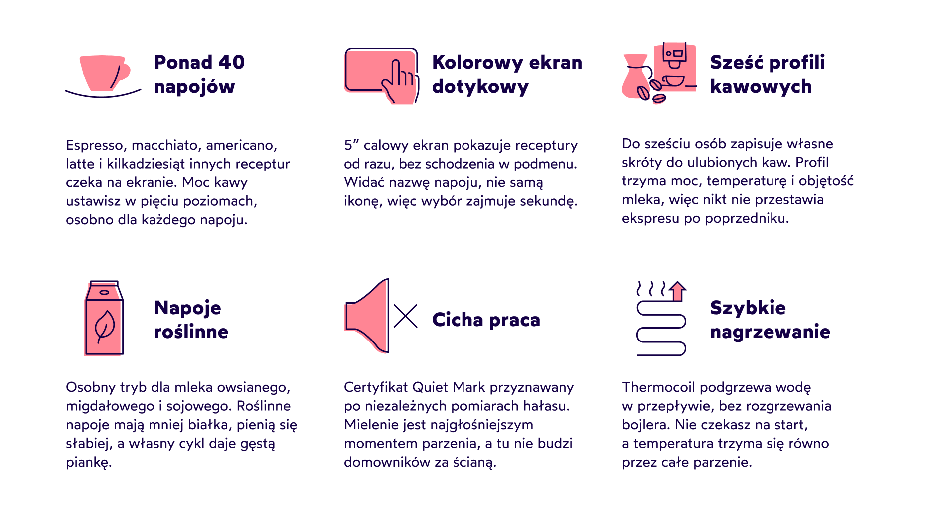 KitchenAid KF8: ponad 40 gotowych napojów i pięć poziomów mocy kawy; kolorowy ekran dotykowy 12,7 cm; sześć profili użytkownika zapamiętujących ustawienia; osobny tryb dla mleka owsianego, migdałowego i sojowego; cicha praca z certyfikatem Quiet Mark; szybkie nagrzewanie wody Thermocoil i zbiornik 2,2 l z filtrem