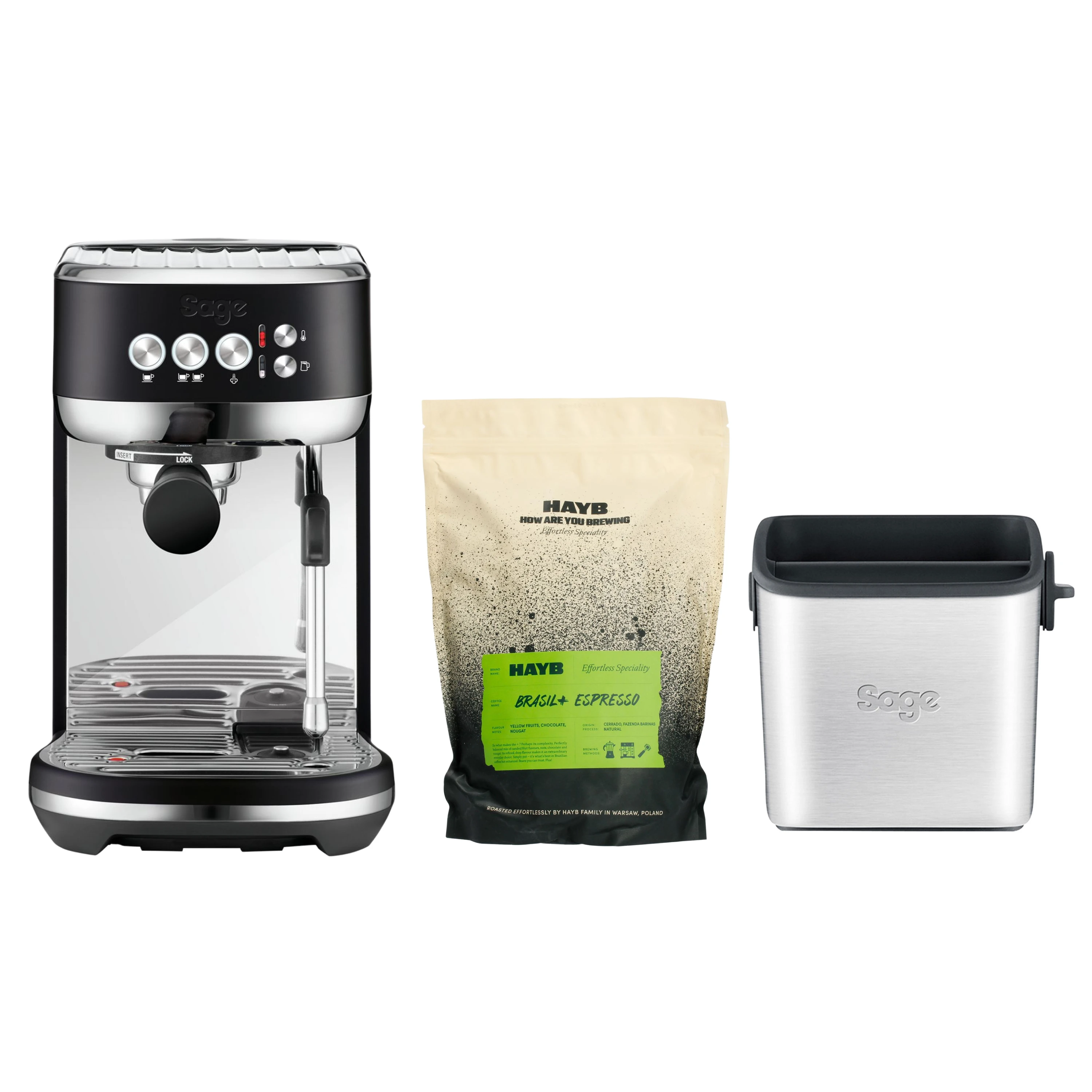 Zestaw Sage - Bambino Plus Czarny + mini odbijak Knock Box + kawa HAYB Brasil+ 1kg