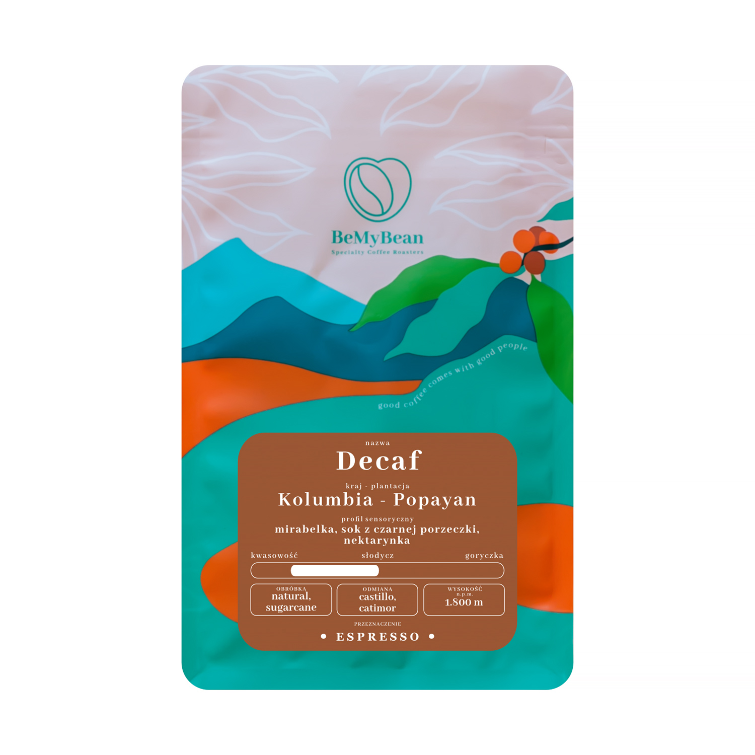 BeMyBean - bezkofeinowa kawa ziarnista Kolumbia Popayan Natural Sugarcane Espresso 250 g