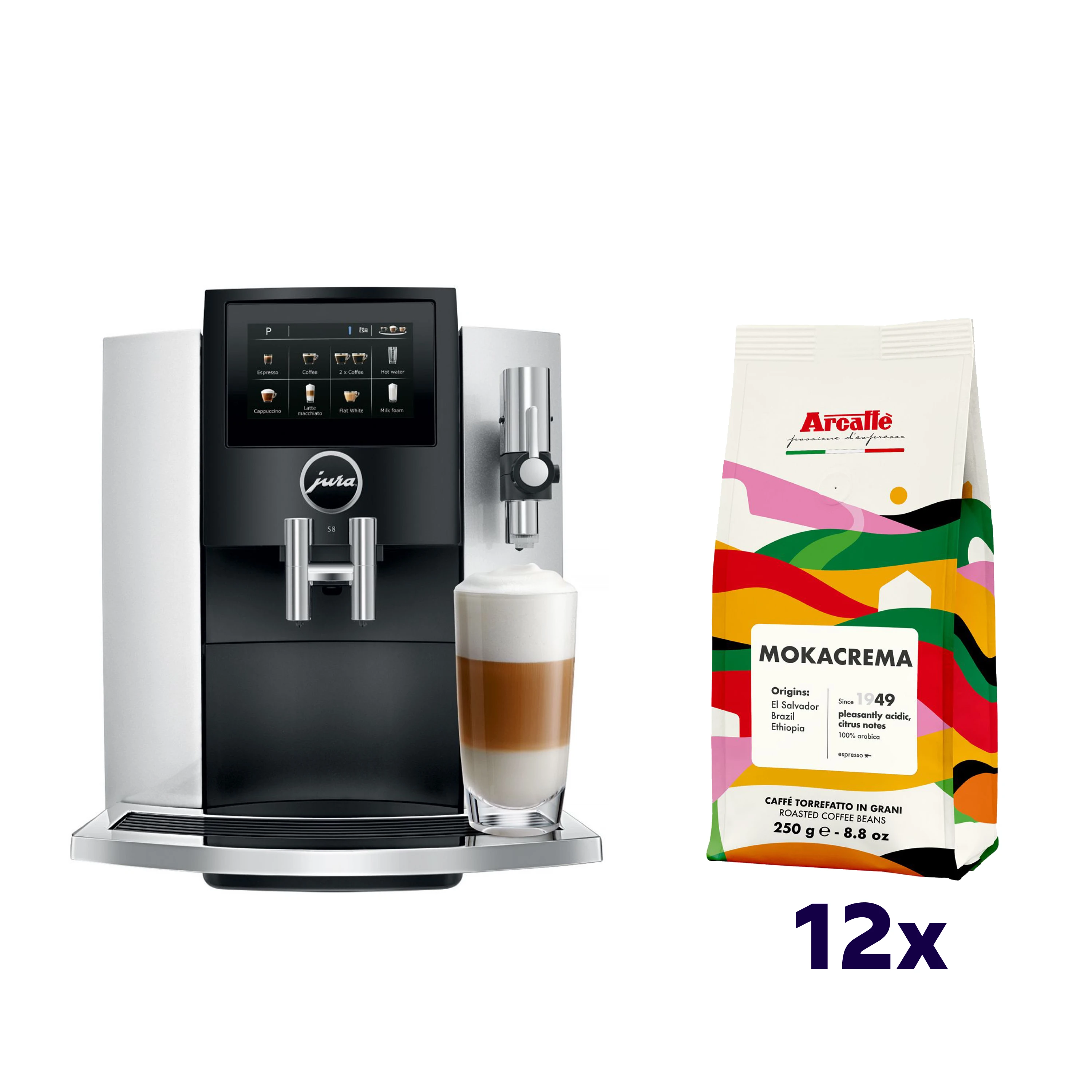 Zestaw Jura S8 Moonlight Silver EA + 12x kawa Arcaffe Mokacrema