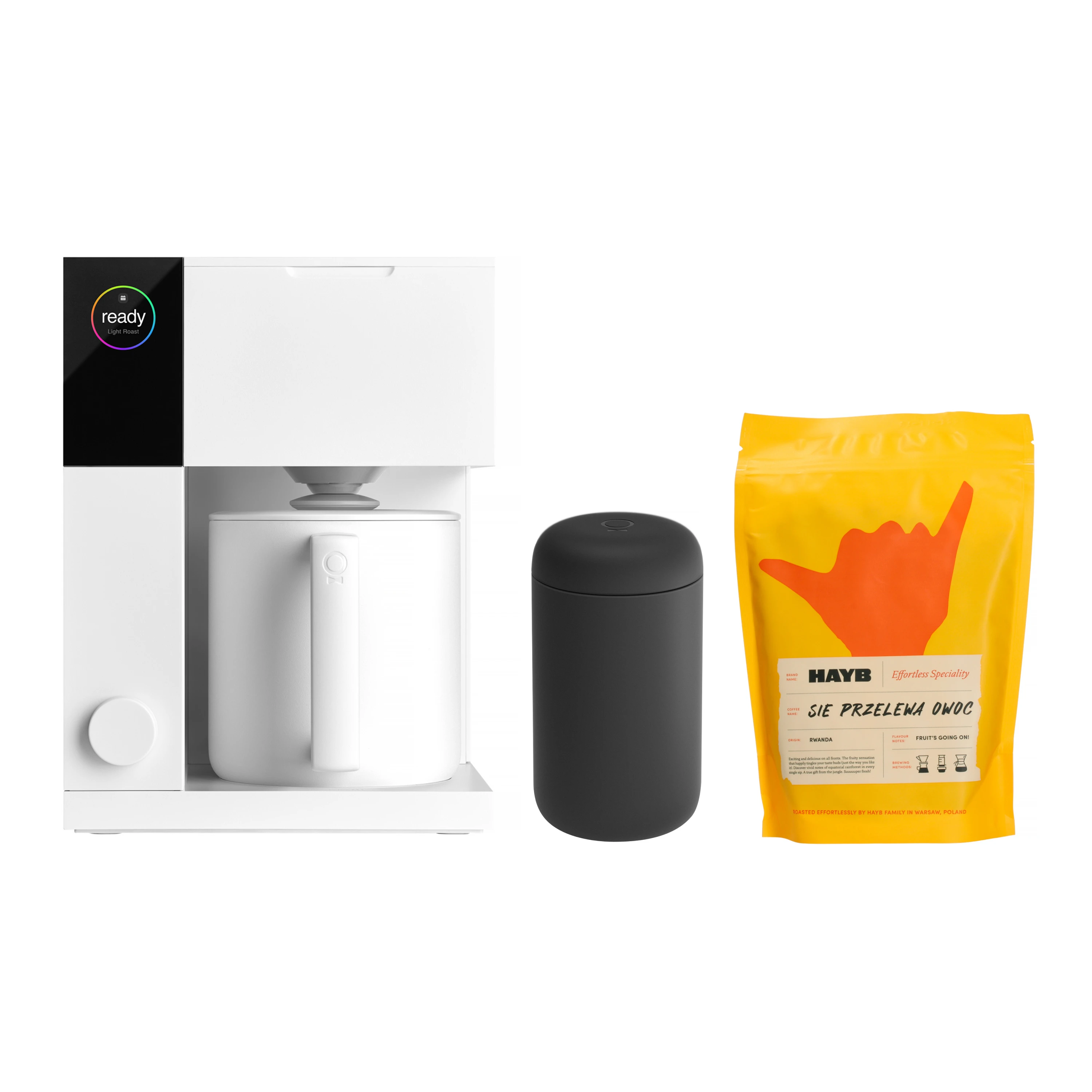 Zestaw Fellow - ekspres przelewowy Aiden biały + kubek Carter Everywhere Mug Czarny 473 ml + HAYB Się Przelewa Owoc 250g