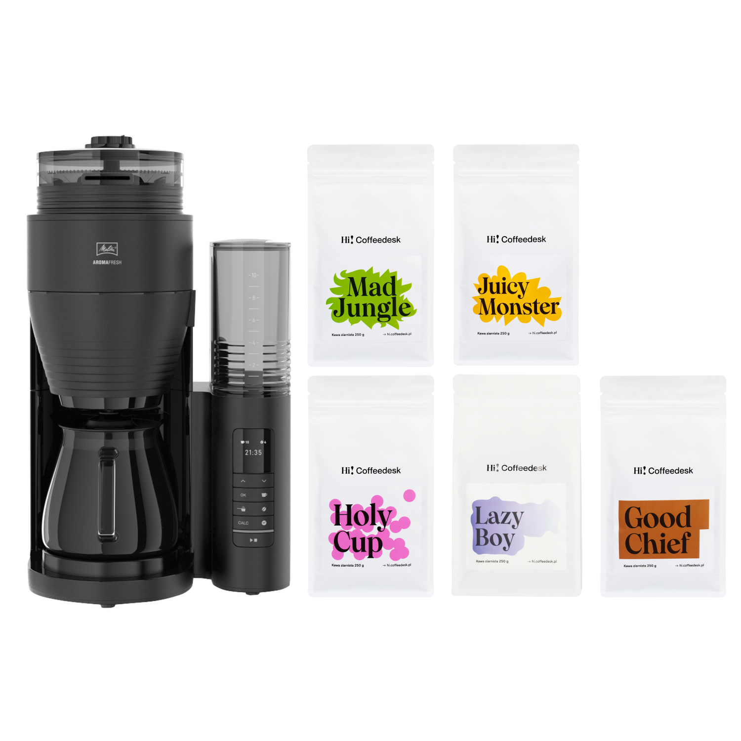 Zestaw Melitta Aromafresh II PRO + 5 kaw ziarnistych hi! Coffeedesk 250g