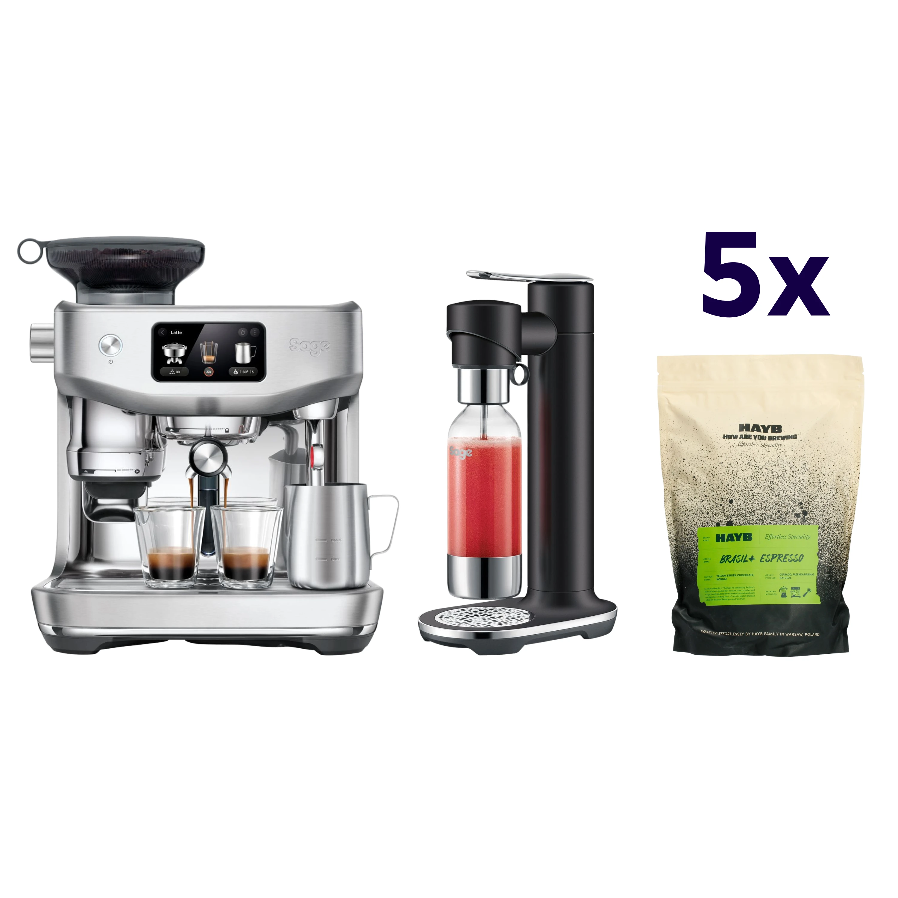 Zestaw ekspres Sage - The Oracle Jet Srebrny + saturator Infizz czarna trufla + 5x kawa HAYB Brasil+ 1kg