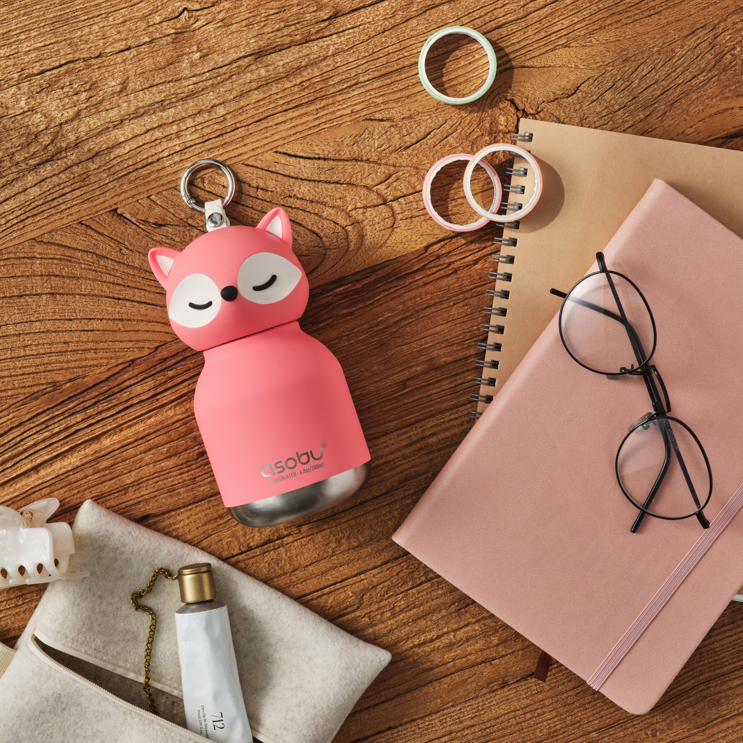 Asobu - Mini Bestie Różowy Lis - Butelka termiczna ze słomką 200ml