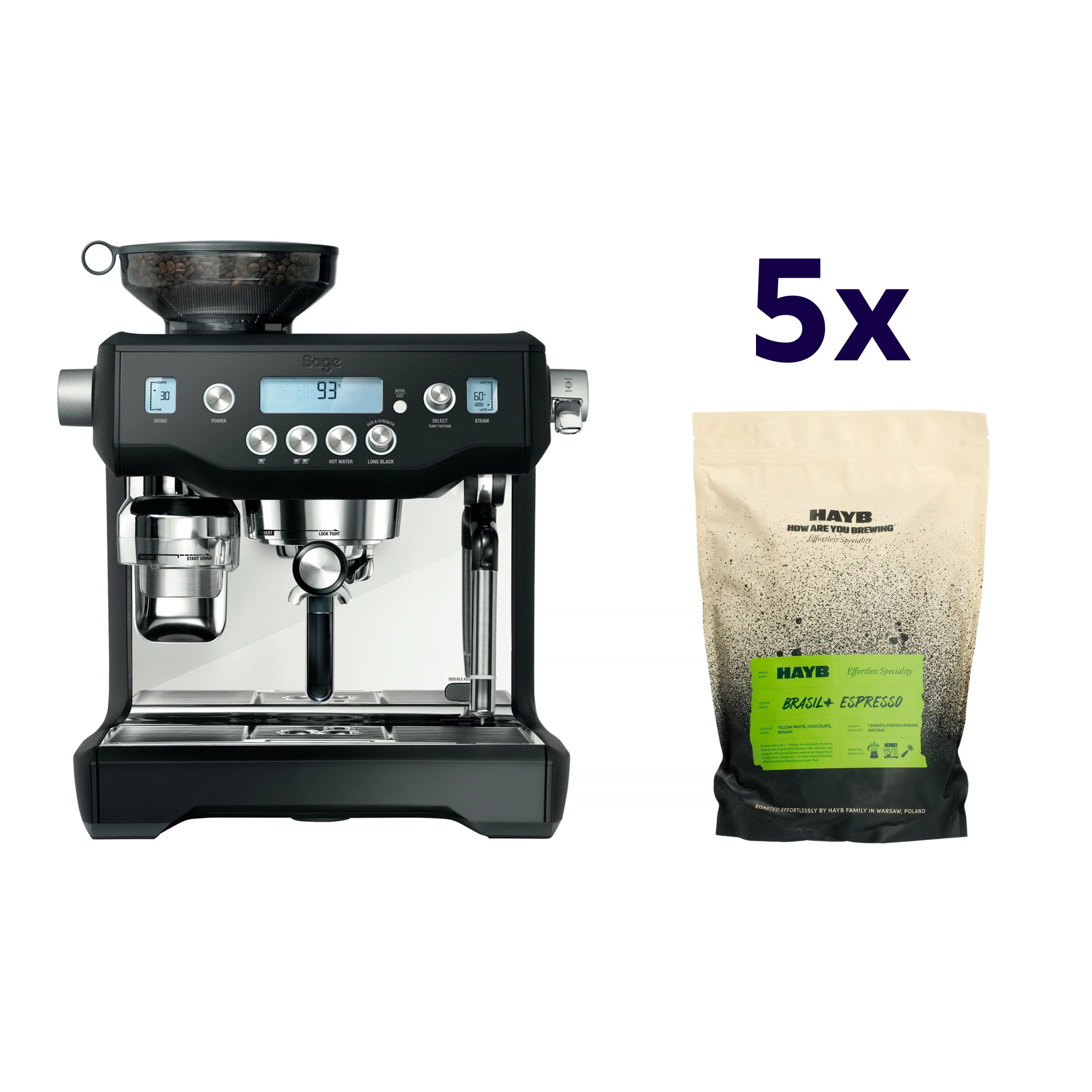 Zestaw ekspres Sage - The Oracle Czarny + 5x kawa HAYB Brasil+ 1kg