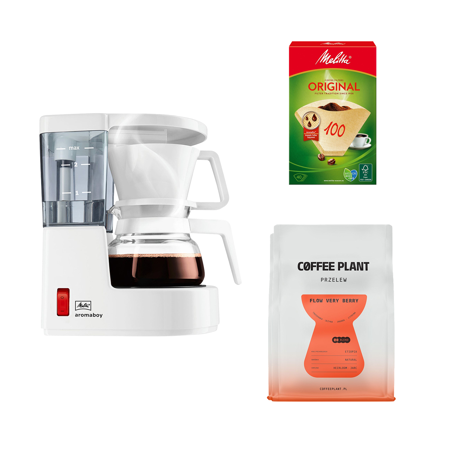 Zestaw Aromaboy Biały + kawa COFFEE PLANT Very Berry 250 g + filtry Melitta 40 sztuk