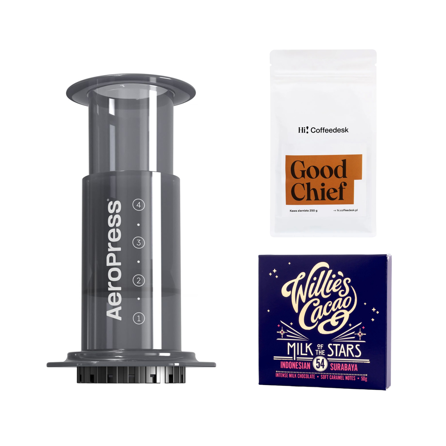 Zestaw AeroPress Original  + Hi! Coffeedesk Kawa Mielona 250 g + Willie's Cacao 50g