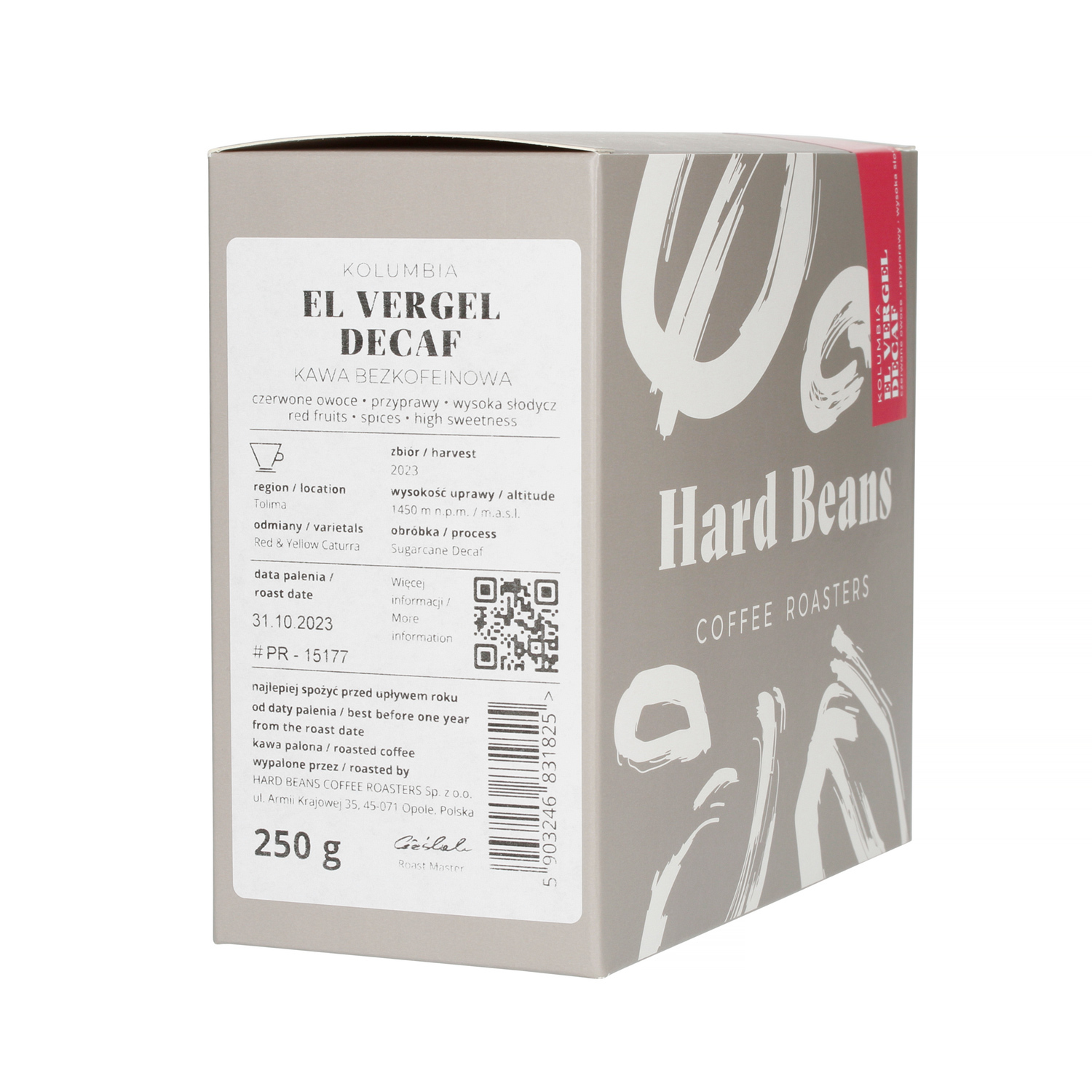 Hard Beans - bezkofeinowa kawa ziarnista Kolumbia El Vergel Decaf Filter 250 g