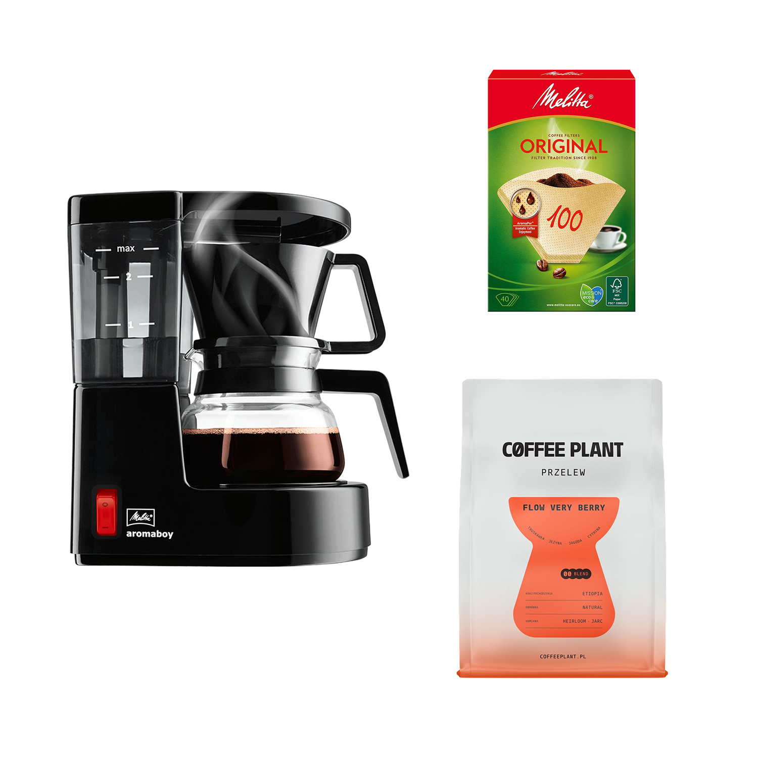 Zestaw Aromaboy Czarny  + kawa COFFEE PLANT Very Berry 250 g + filtry Melitta 40 sztuk