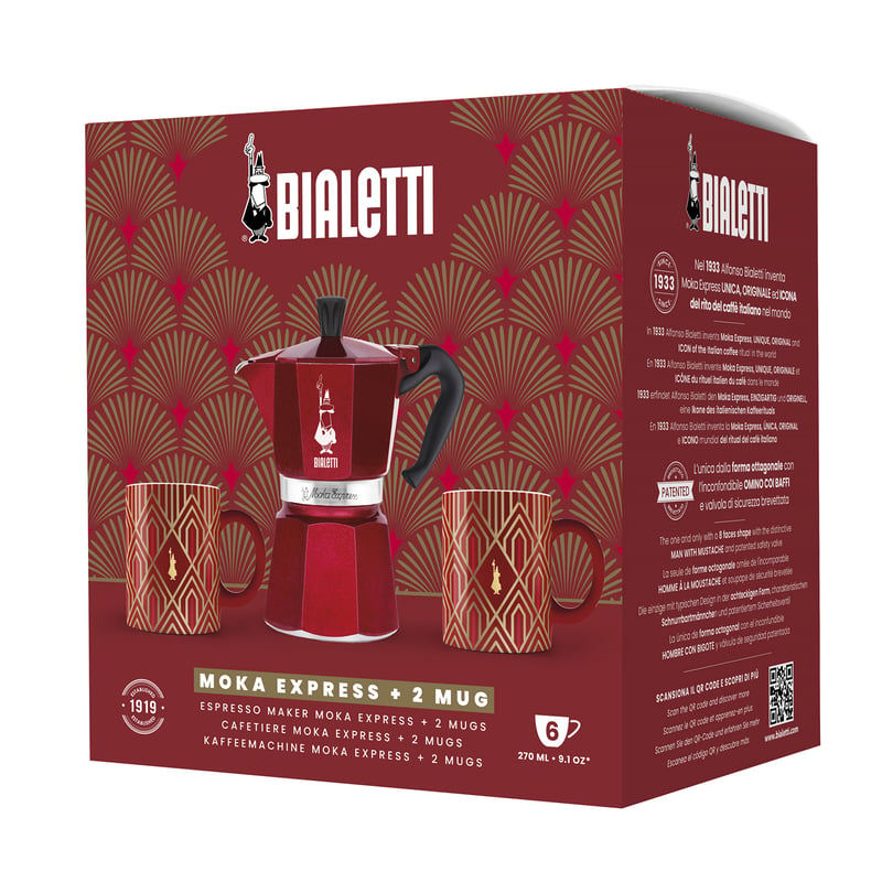 Bialetti Moka mini express Red 2 Cups Coffee Maker +2 Glasses