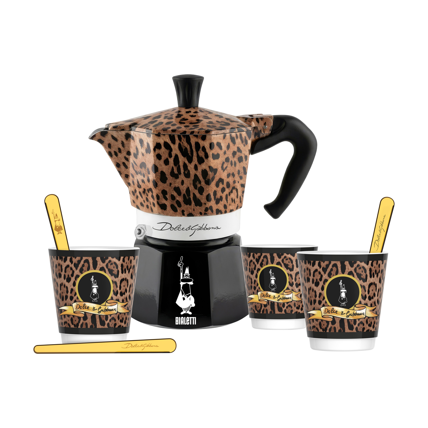 Bialetti Dolce & Gabbana - zestaw kawiarka Moka Express 3tz + 3 filiżanki + 3 mieszadełka Leopardo