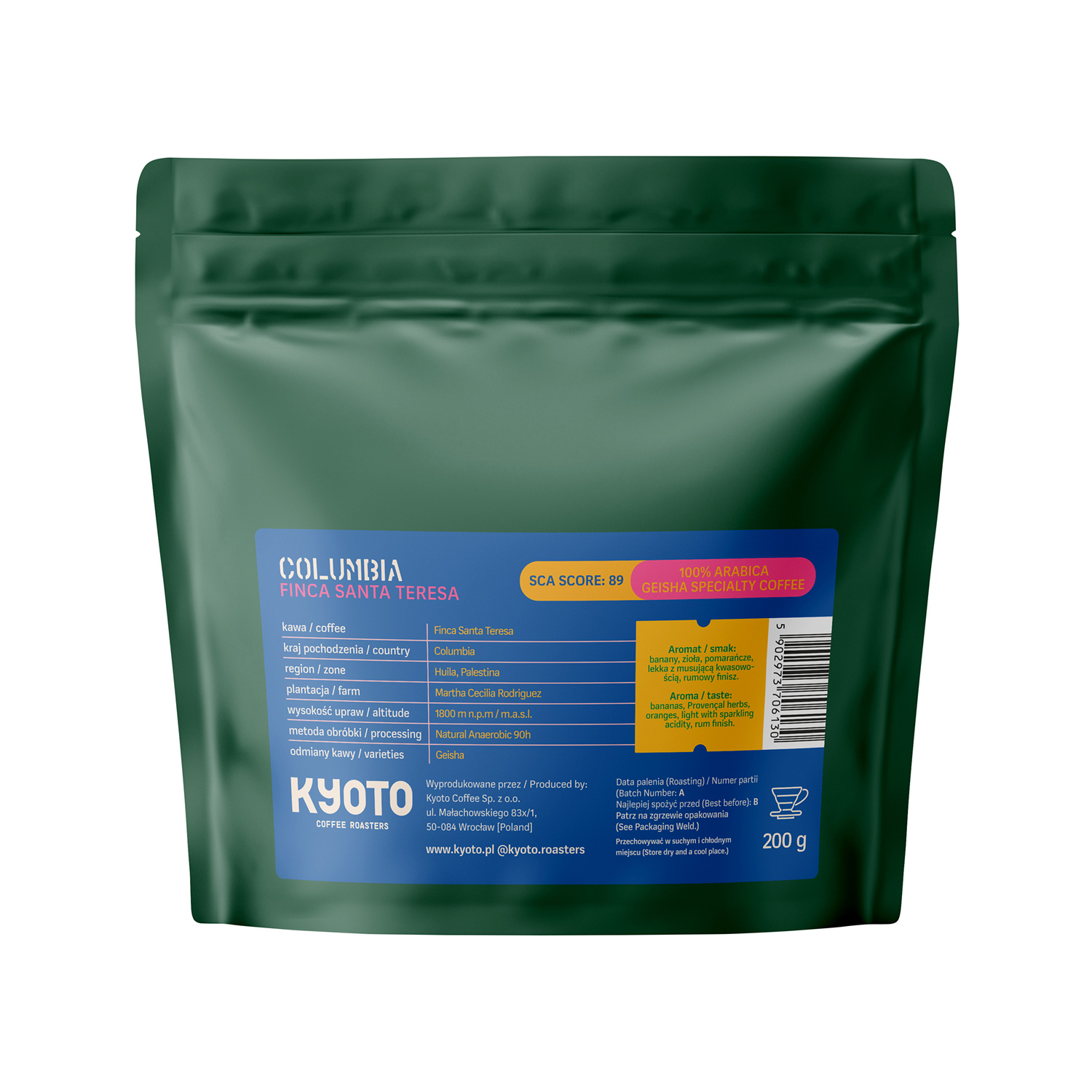 KYOTO - kawa ziarnista Kolumbia Finca Santa Teresa Geisha Natural Anaerobic 90h Filter 200 g