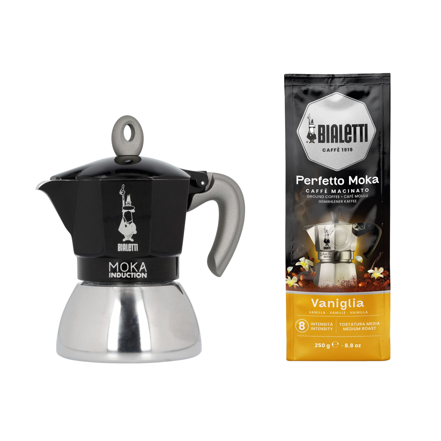 Zestaw New Moka Induction 4tz Czarna + kawa Perfetto Moka Vanilia