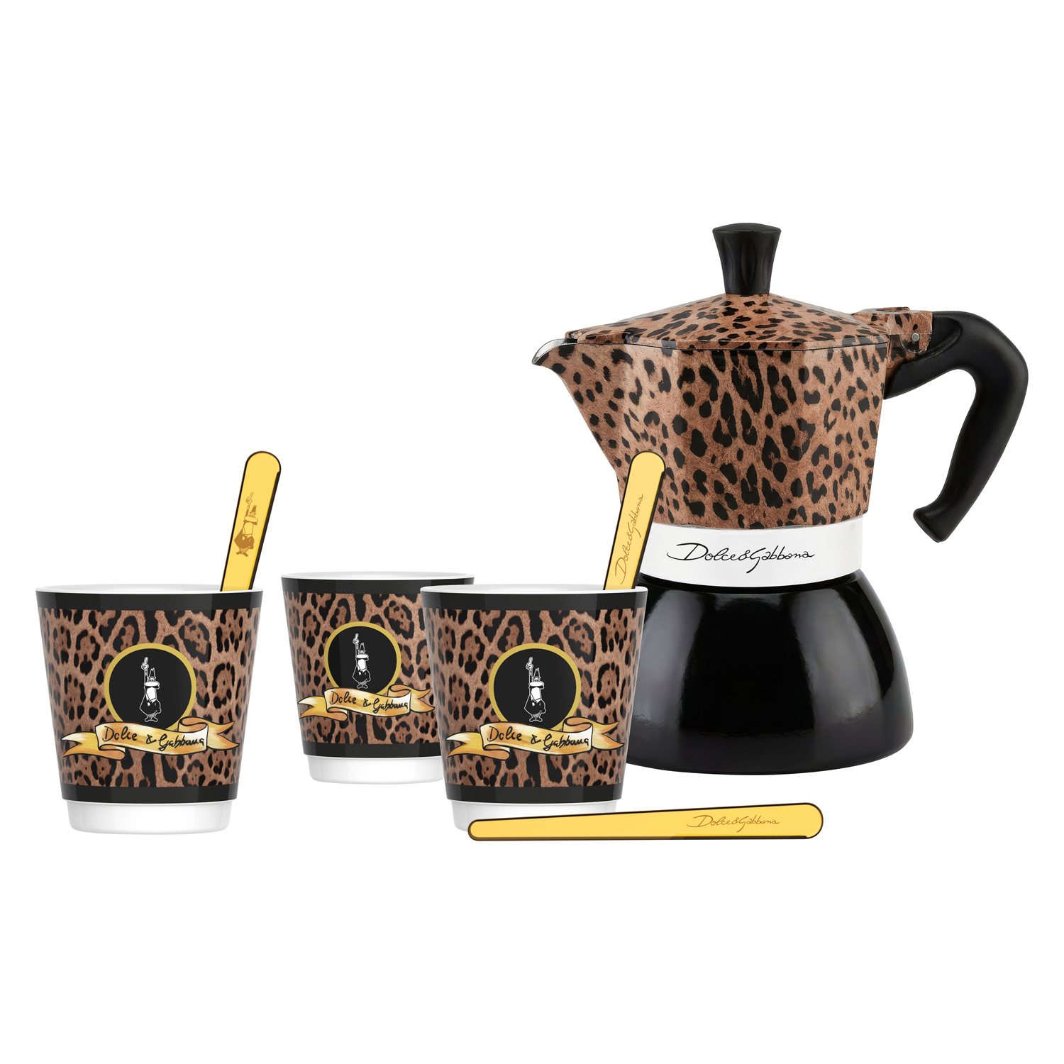 Bialetti Dolce & Gabbana - zestaw kawiarka Moka Induction 4tz + 3 filiżanki + 3 mieszadełka Leopardo