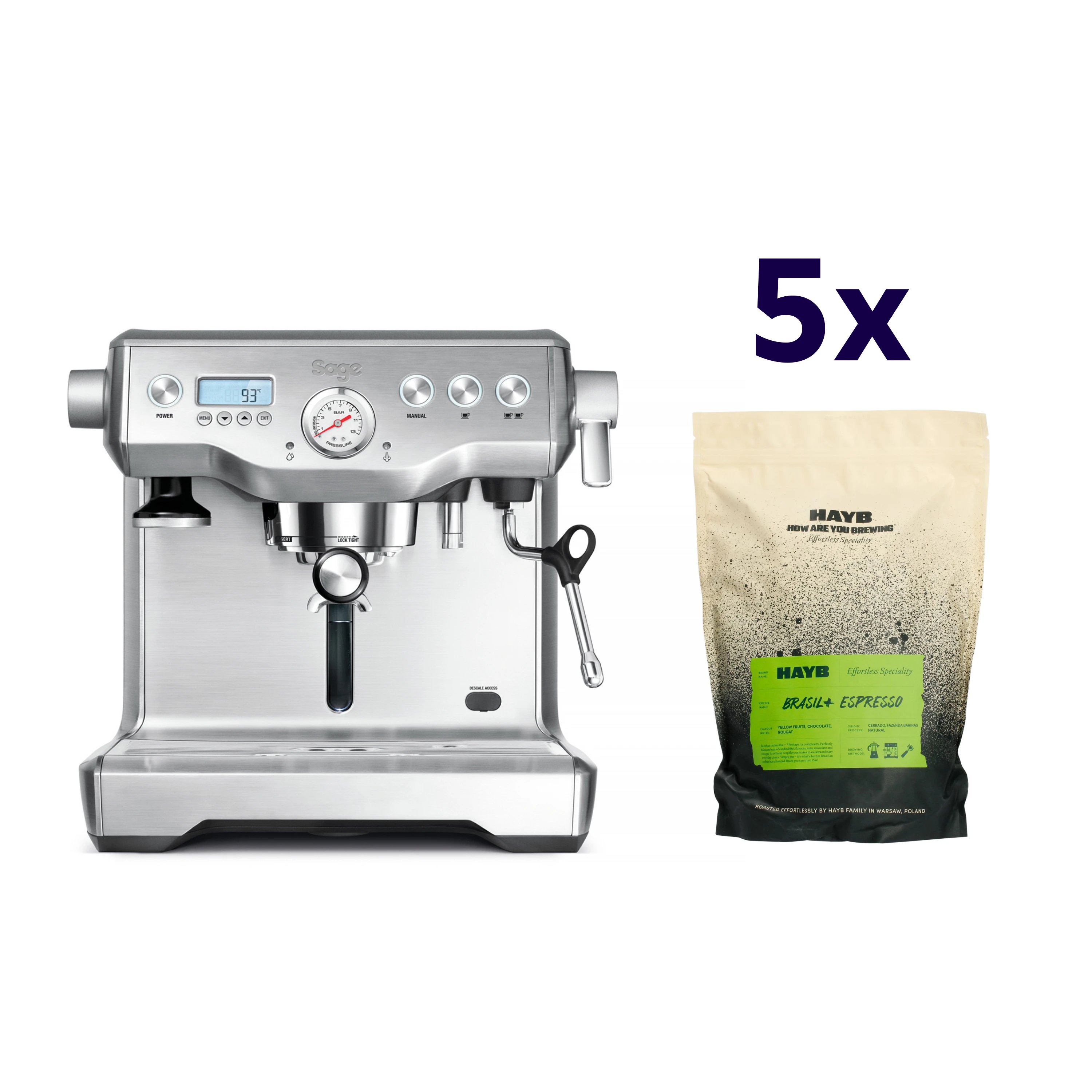 Zestaw ekspres Sage - Dual Boiler Srebrny + 5x kawa HAYB Brasil+ 1kg