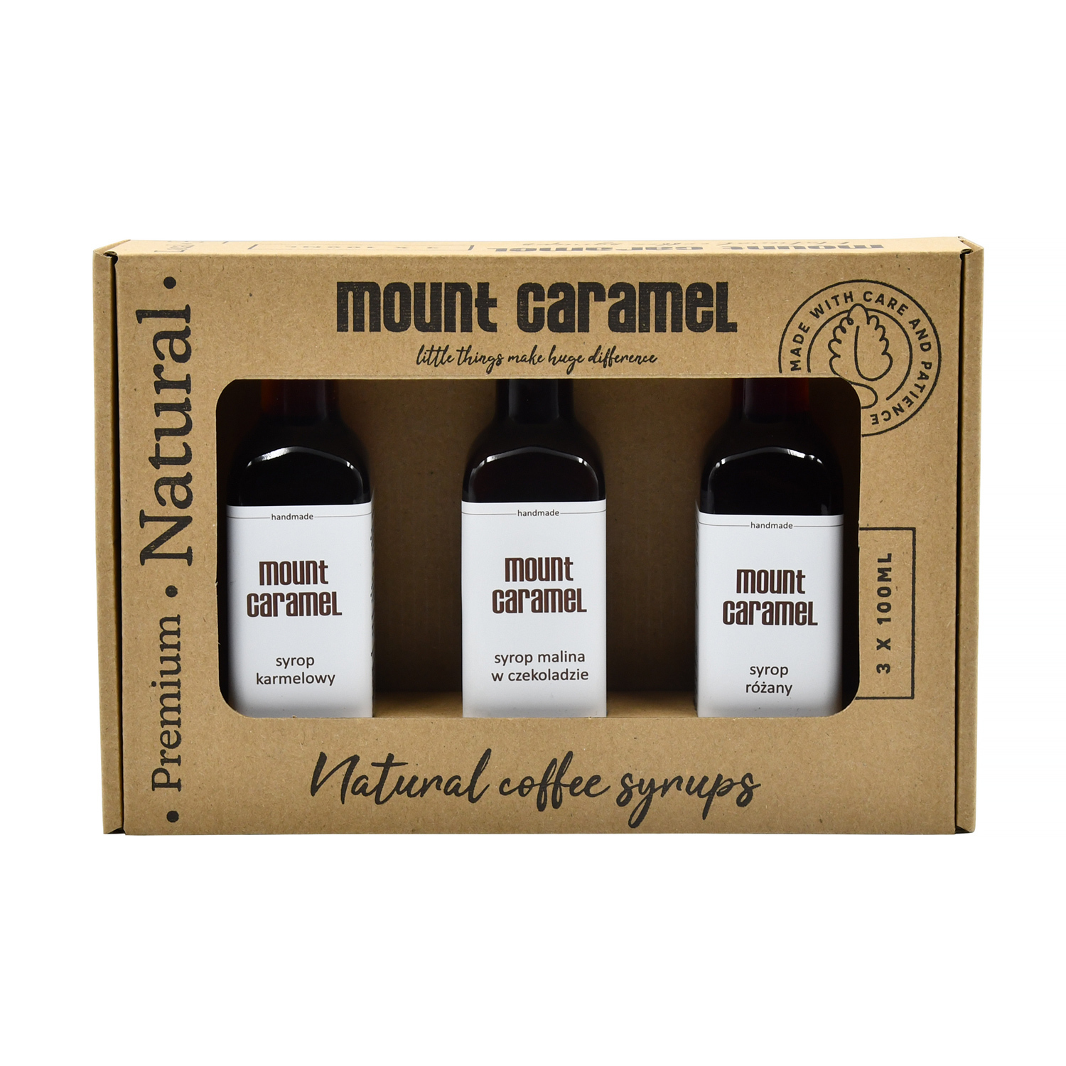 Mount Caramel - Zestaw syropów 3 x 100ml Karmel - Róża - Malina w czekoladzie Mount Caramel - Zestaw syropów 3 x 100ml Karmel - Róża - Malina w czekoladzie