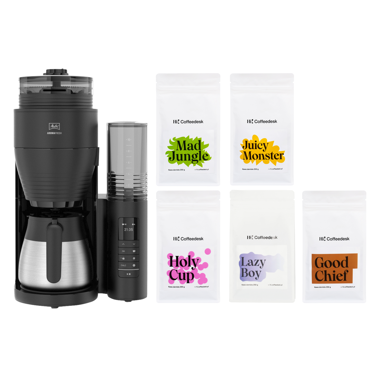 Zestaw Melitta Aromafresh II PRO Therm + 5 kaw ziarnistych hi! Coffeedesk 250g