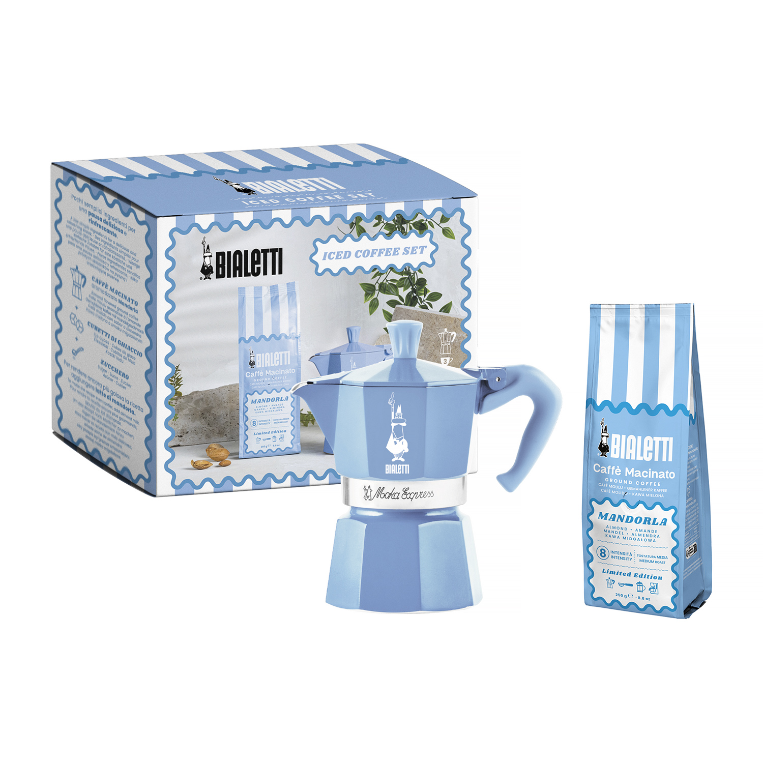 Bialetti - Zestaw Moka Express 3tz Błękitna + kawa Perfetto Moka Mandorla 250g