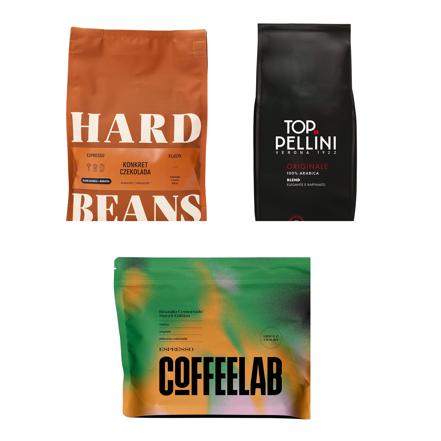 Zestaw kaw Hard Beans KONKRET CZEKOLADA 1 kg + COFFEELAB Sweet Edition Espresso 1 kg + Pellini Top Originale 1 kg