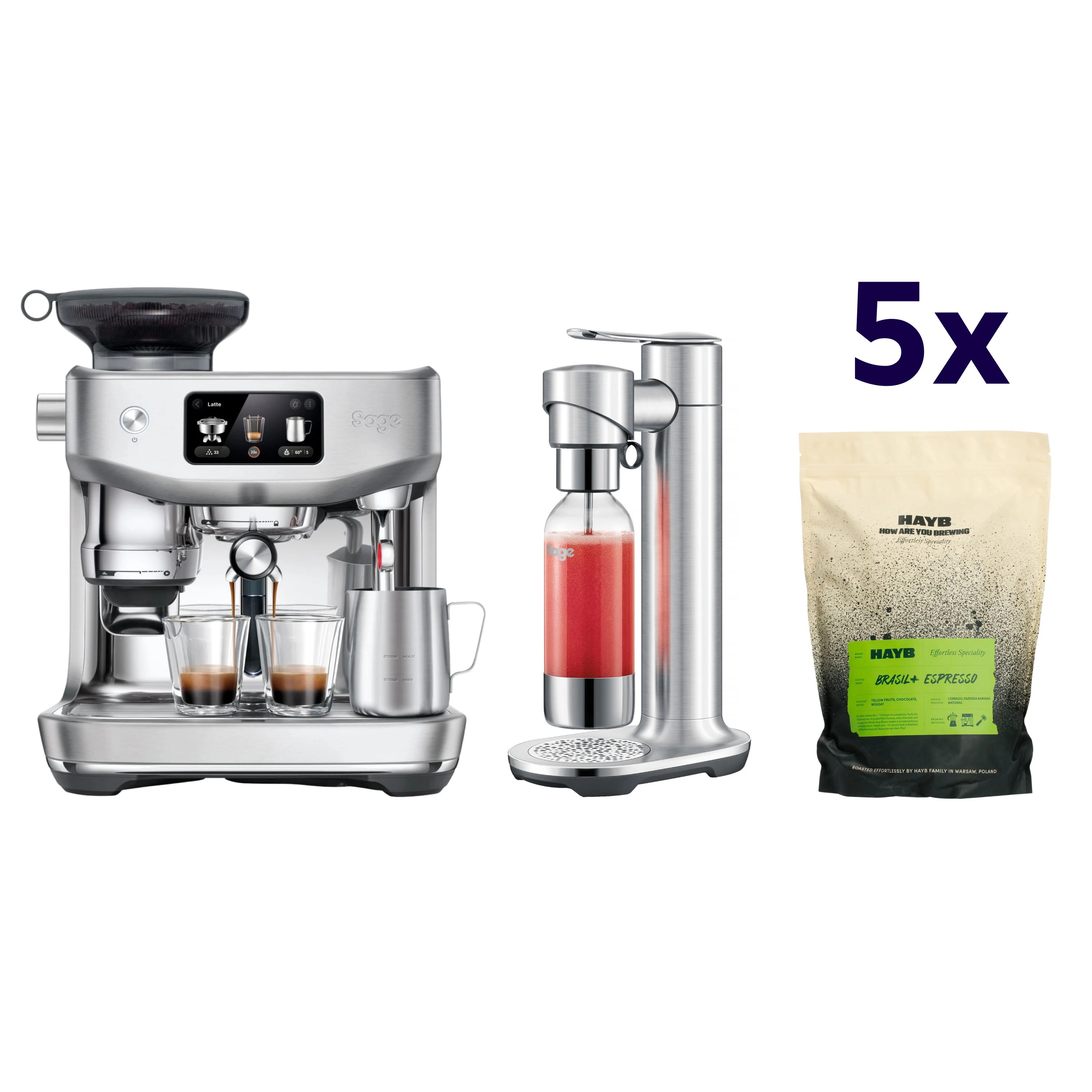 Zestaw ekspres Sage - The Oracle Jet Srebrny + saturator Infizz stalowy + 5x kawa HAYB Brasil+ 1kg