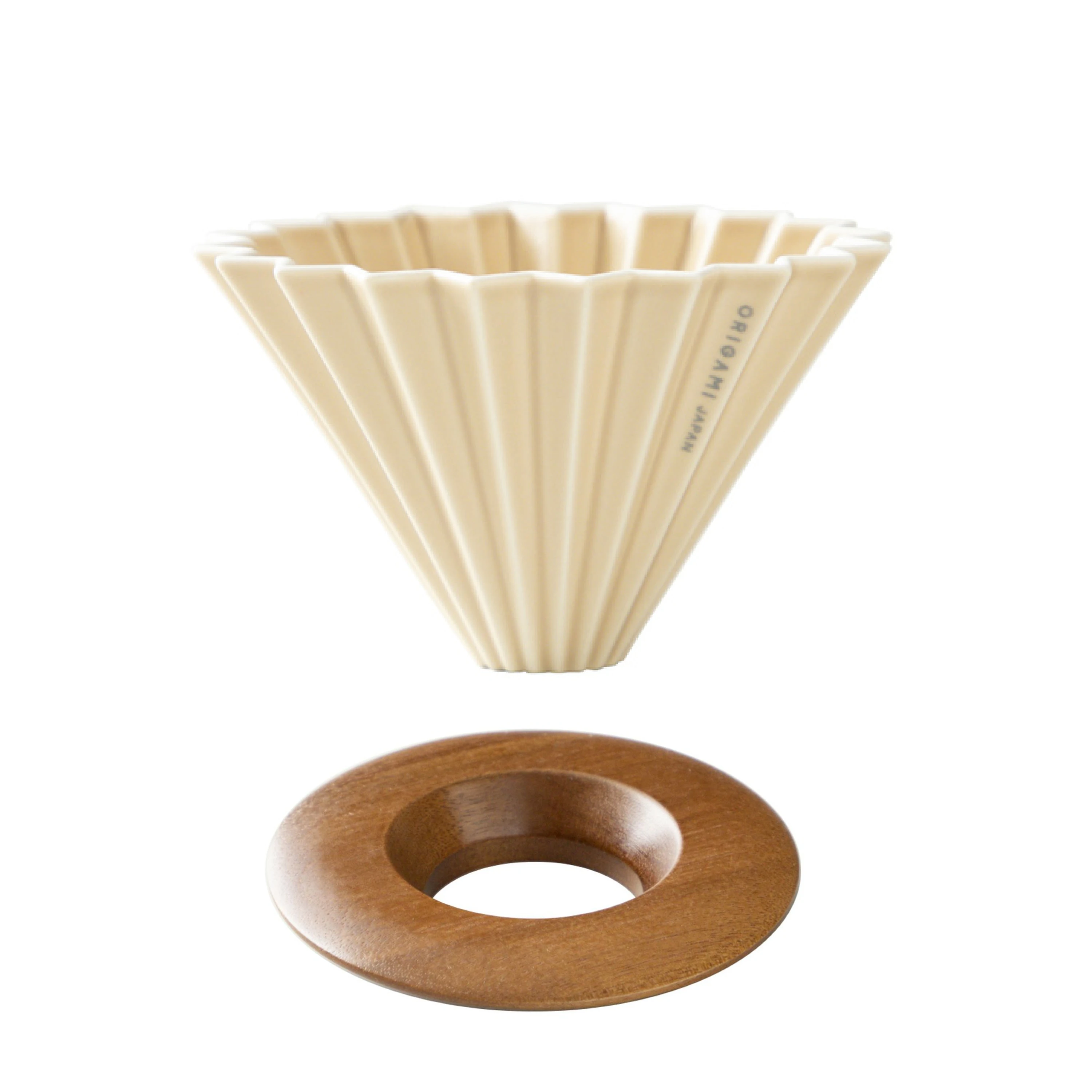Zestaw ORIGAMI Dripper M Beżowy + Podstawka z drewna