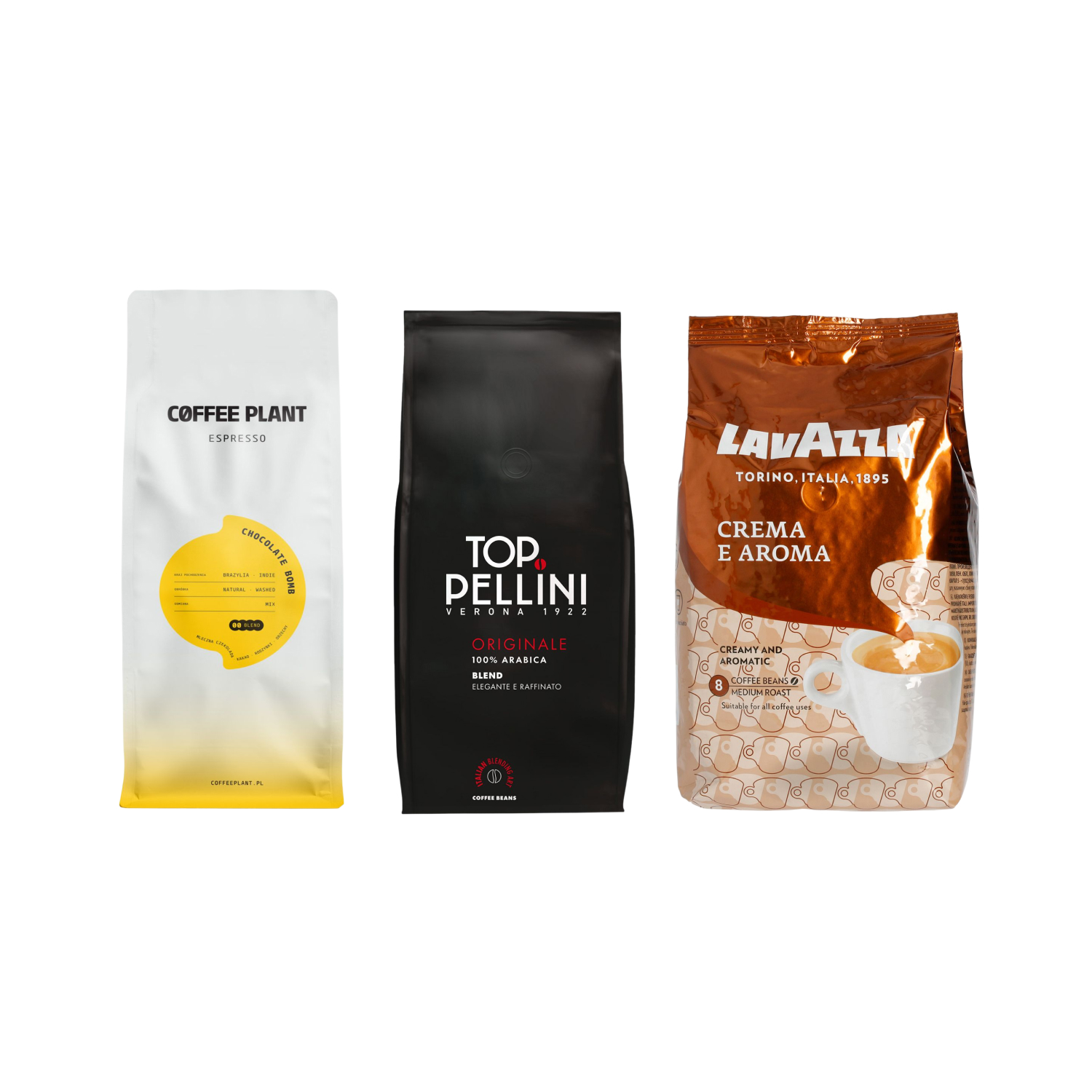 Set Lavazza Crema e Aroma 1 kg + Pellini Top Originale 1 kg + COFFEE PLANT Chocolate Bomb 1 kg 