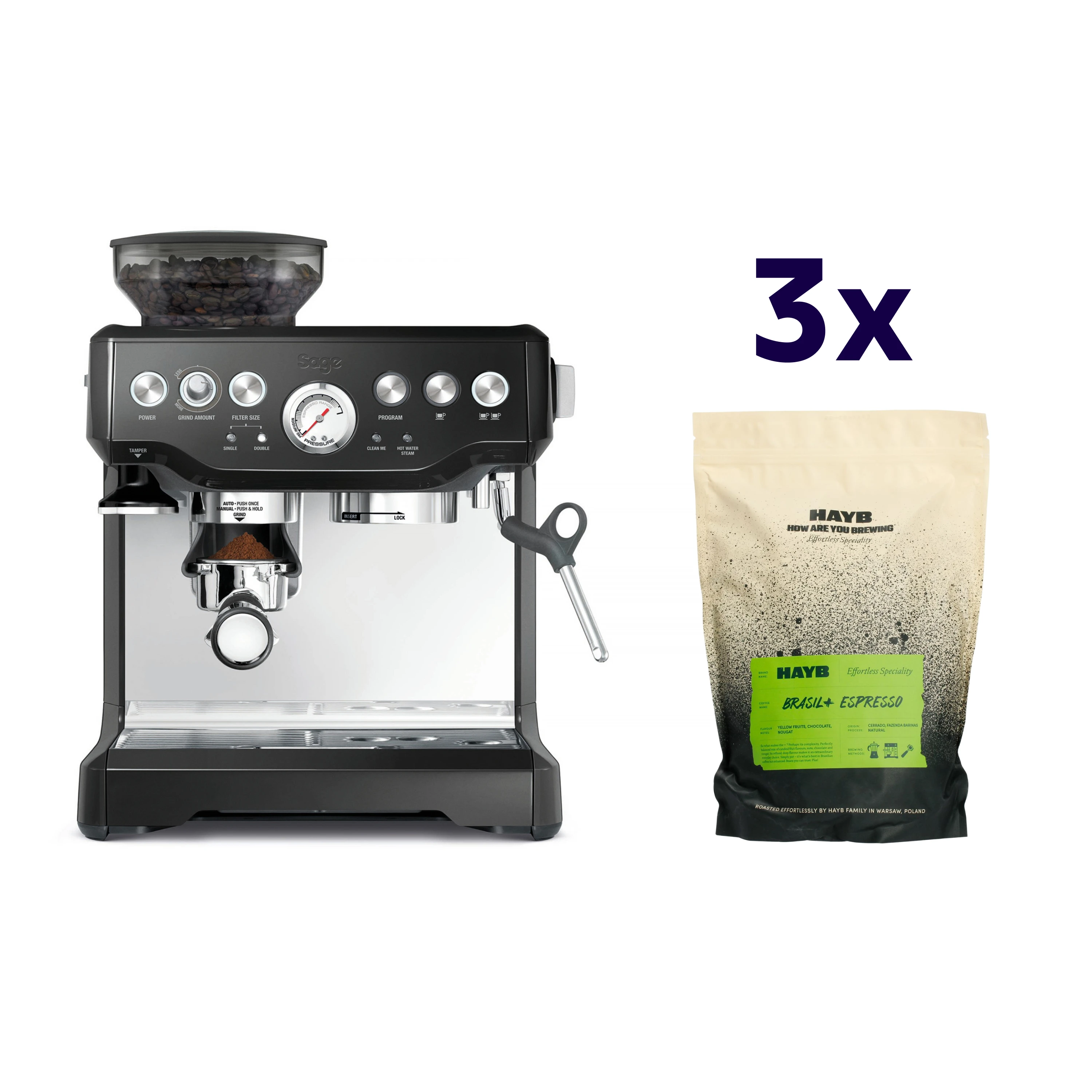 Zestaw ekspres Sage - The Barista Express Czarny + 3x kawa HAYB Brasil+ 1kg