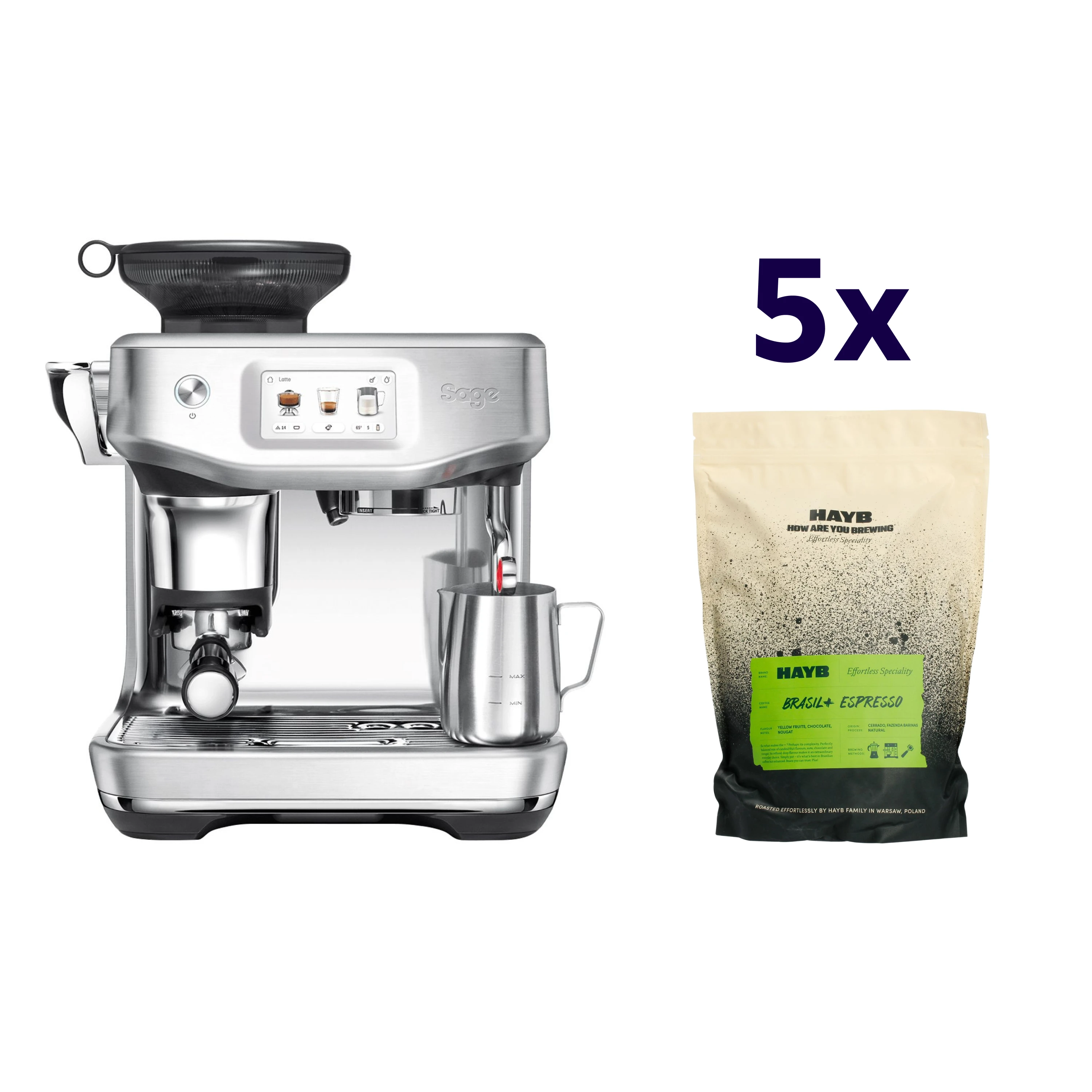 Zestaw ekspres Sage The Barista Touch Impress Srebrny + 5x kawa HAYB Brasil+ 1kg