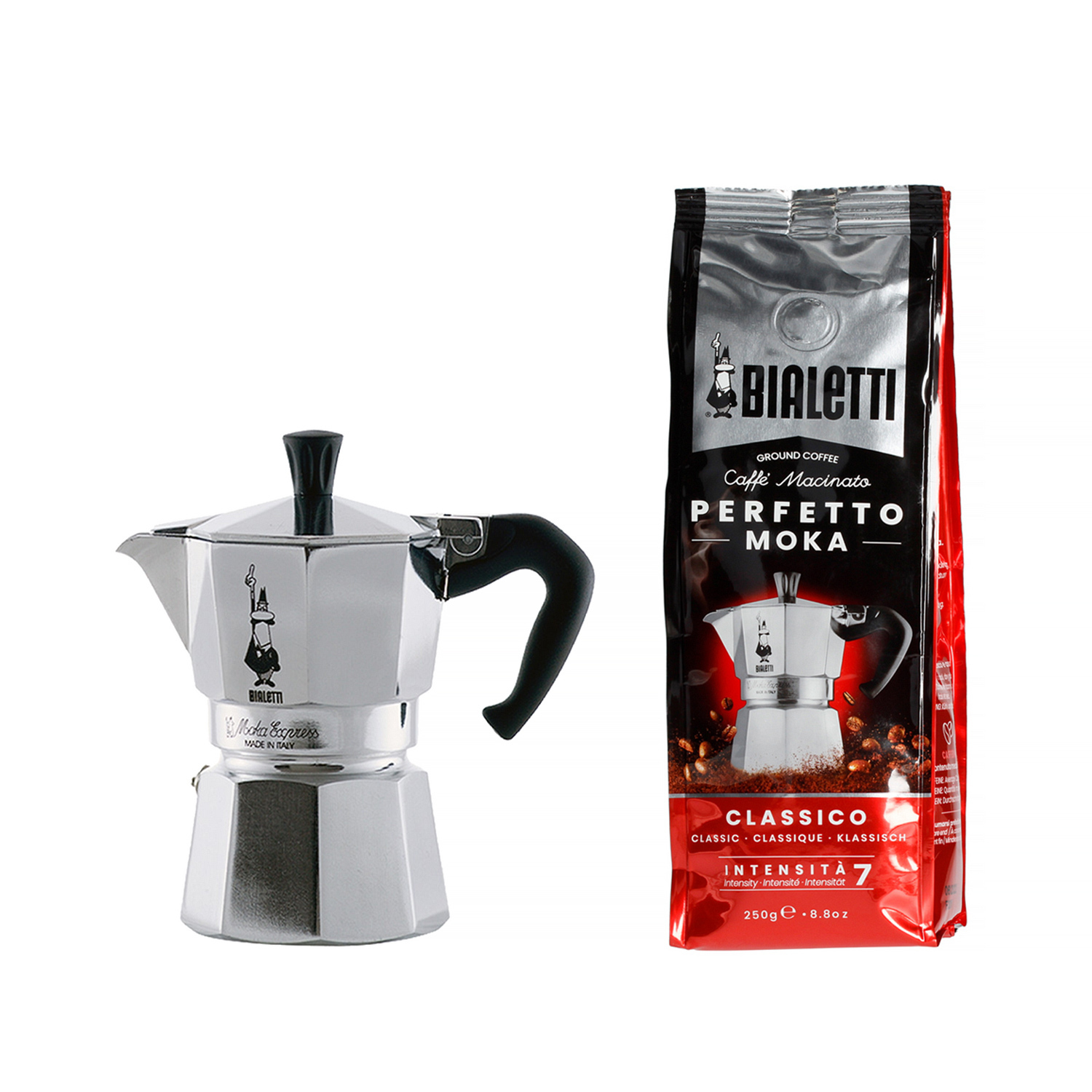 Bialetti Zestaw Moka Express 6tz + kawa Perfetto Moka Classico 250g