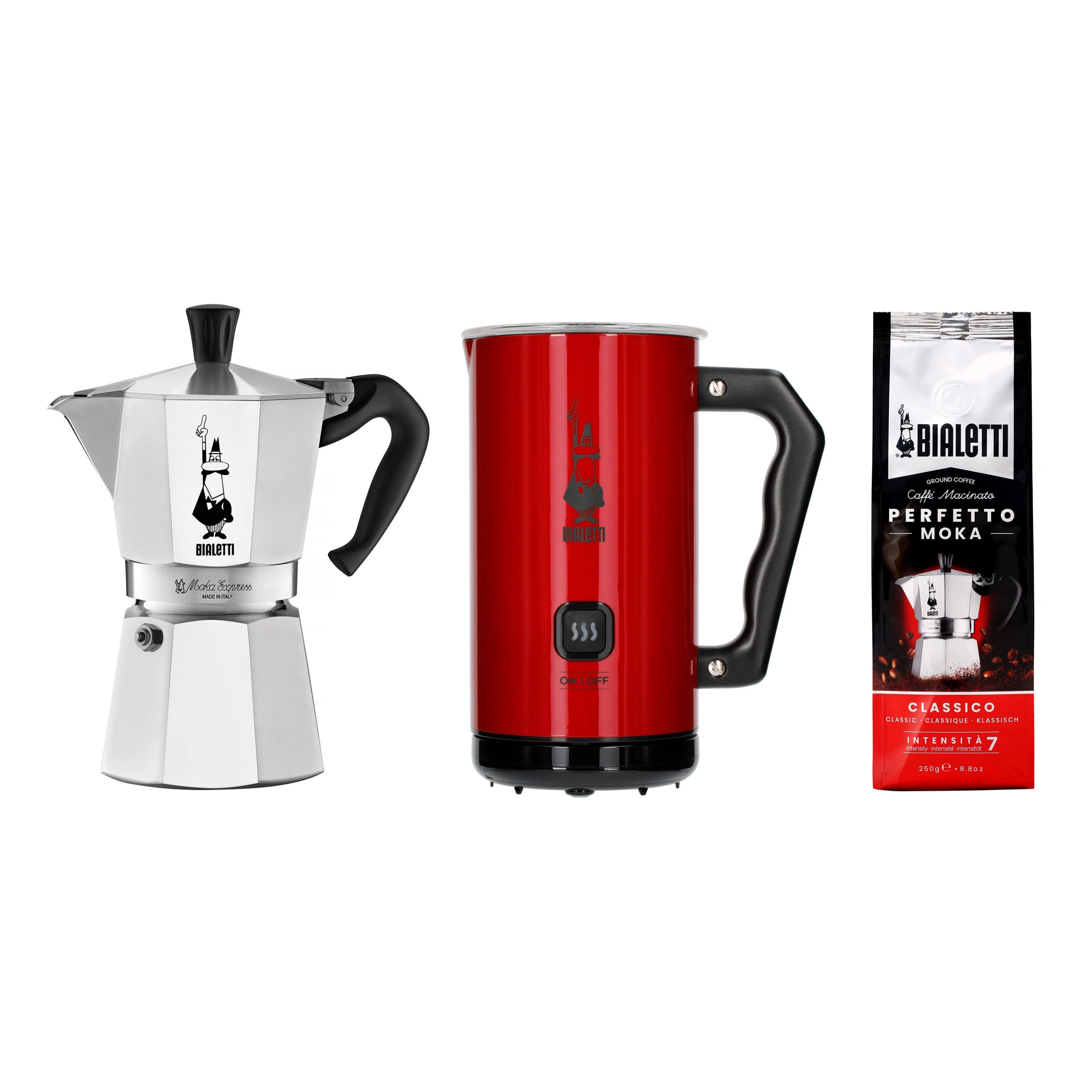 Zestaw  kawiarka Bialetti Moka Express 6tz + Spieniacz + Kawa