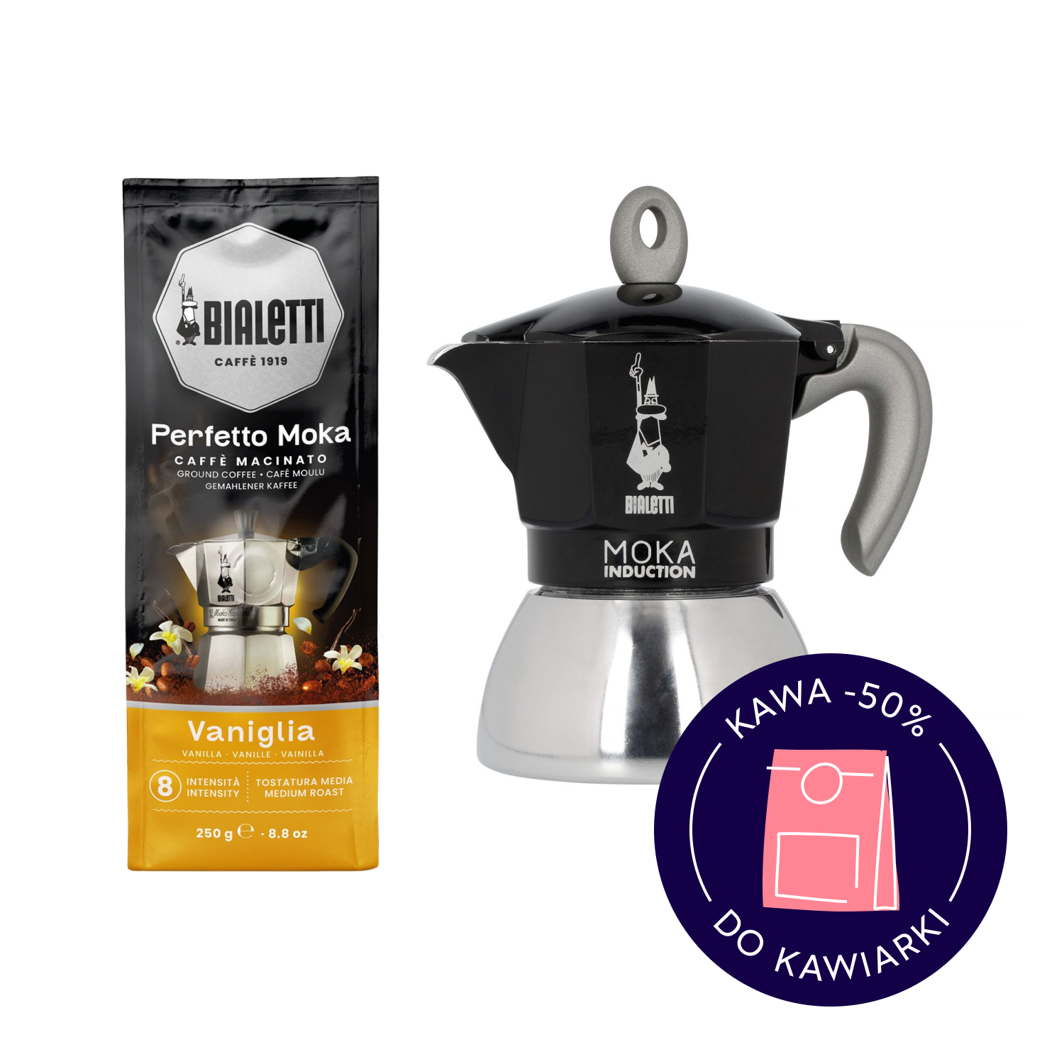 Zestaw New Moka Induction 4tz Czarna + kawa Perfetto Moka Vanilia