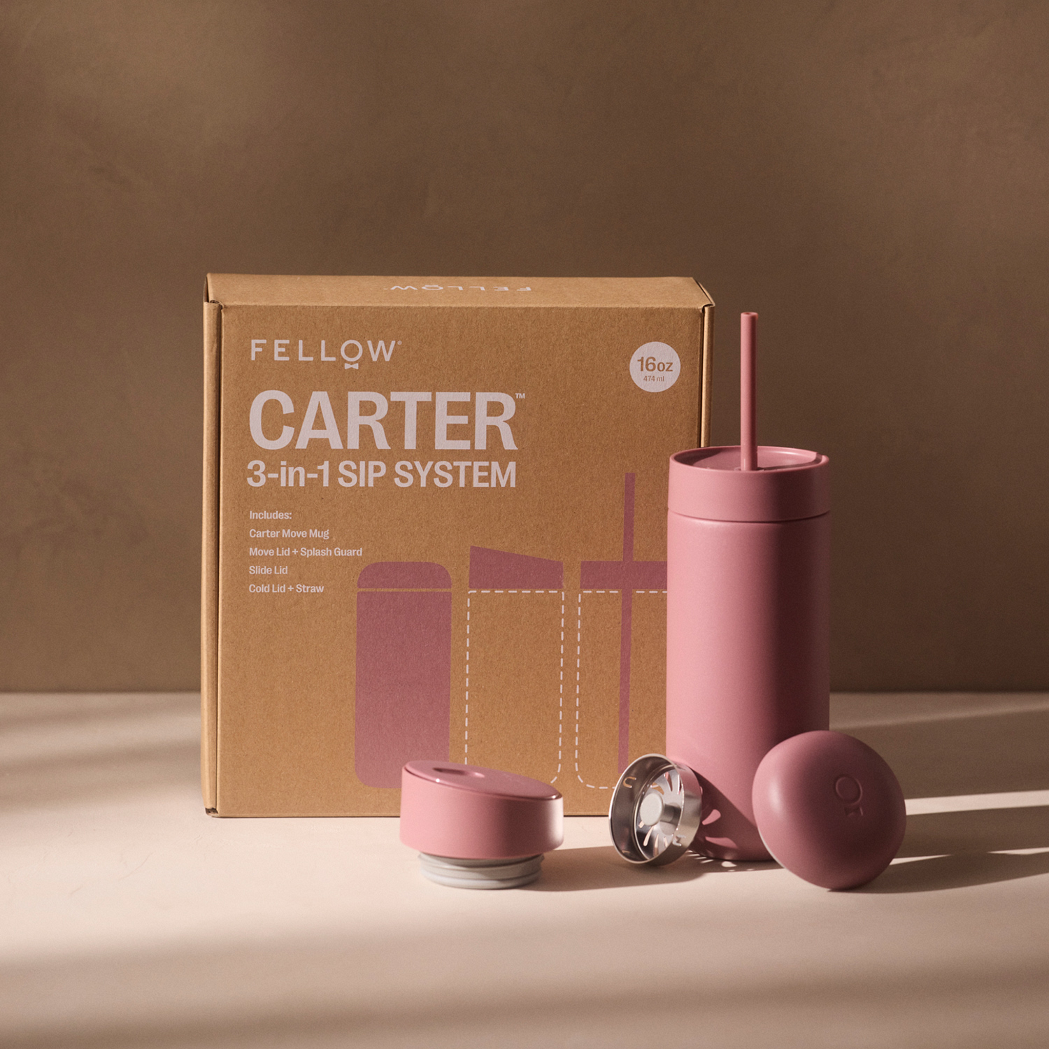 Fellow - Carter Move Mug 3 w 1 - Kubek termiczny + 3 nakrętki - Pudrowy różowy 473 ml