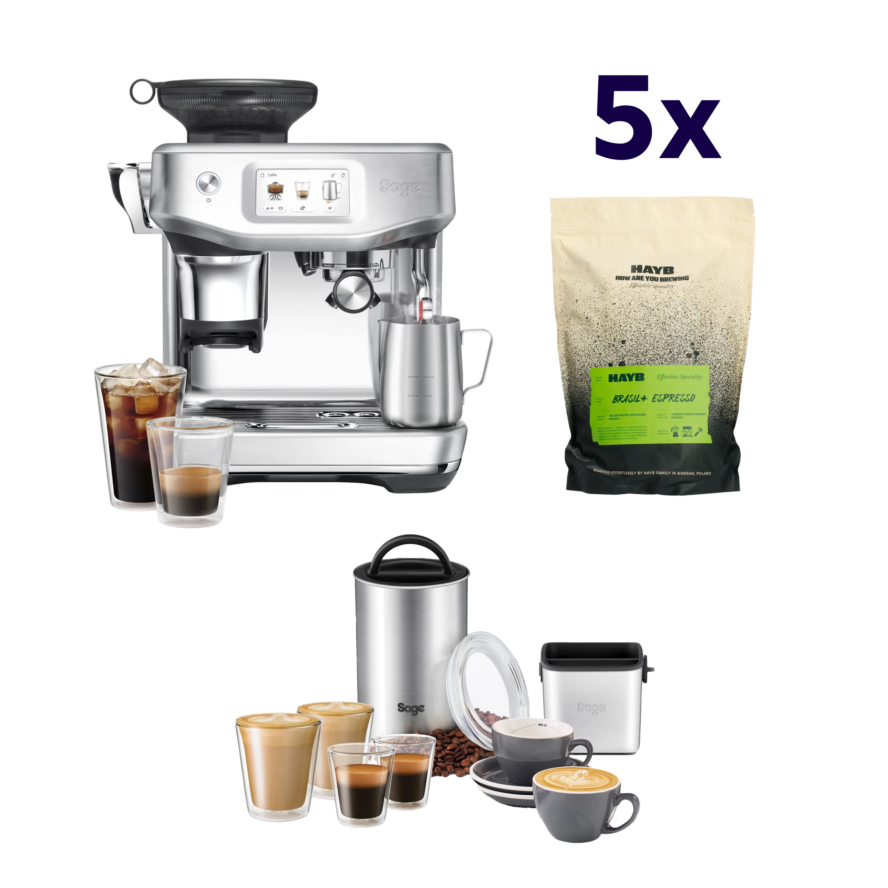 Zestaw ekspres Sage The Barista Touch Impress + Cold Extraction Srebrny + Zestaw baristy + 5x kawa HAYB Brasil+ 1kg